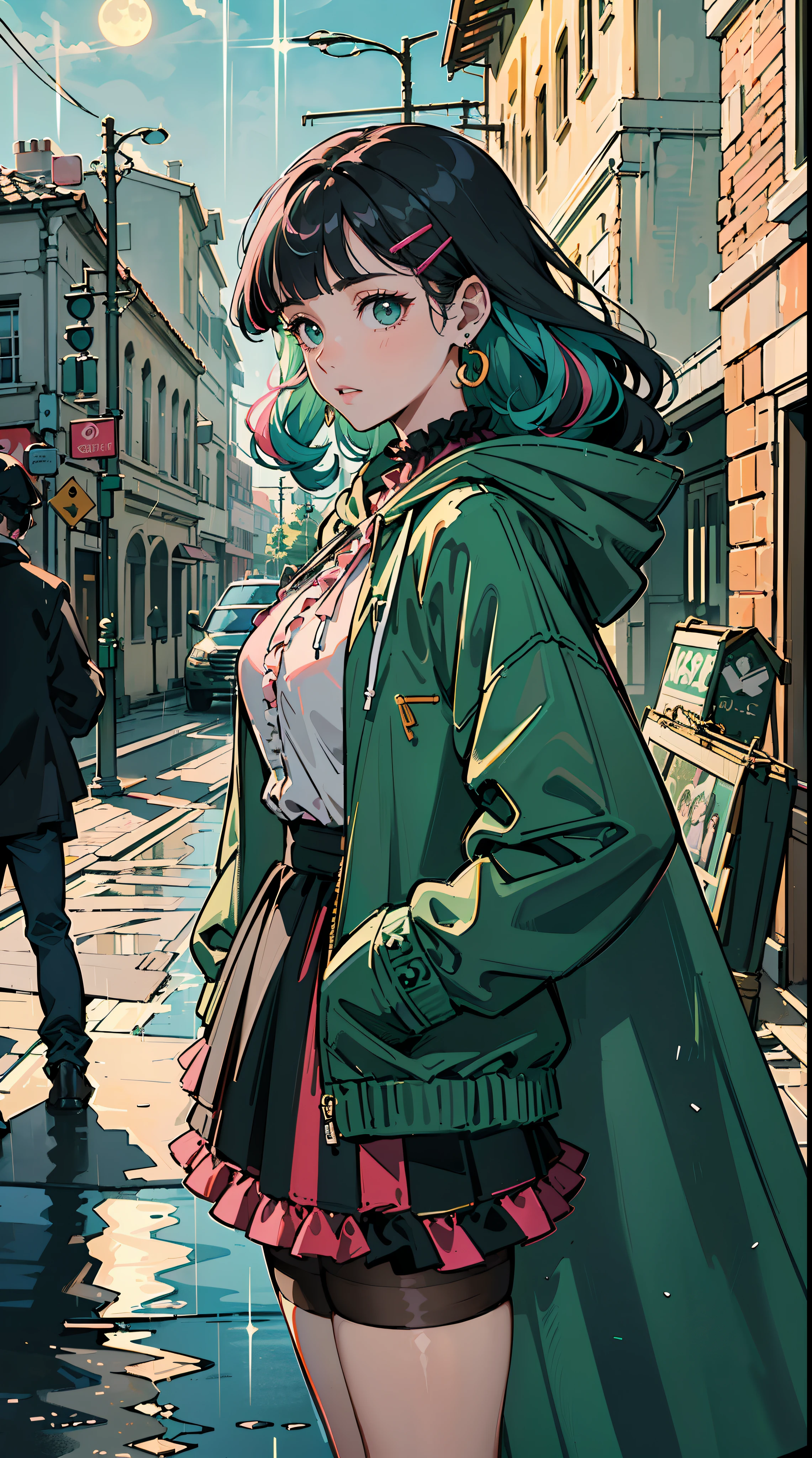 ((((frills,large black hoodie,heavy rain,))))((hands in pockets,))(Masterpiece illustration,Beautiful and aesthetic:1.2,aim to sky), Best quality,Top quality, Epic quality,((((valley,in the romanesque architecture streets ,in the baroque architecture ,outdoor,))))(moonlight,moon glare, god light,at night,upper upper shot,focus on face,))Neat face,underage,mature,Beautiful detailed hair,green hair,hyper HD, retinas, Textured skin, A high resolution, 16k ,((hairclip,blunt bangs,sidelocks,middle hair,natural curly hair)),Detailed face, 1JK, lady,Solo, Perfect face, Very amazing girl,((bloomers,high waist skirt,pink streaked green coat,large cloak,metal earrings,spiral earrings)),rim-light