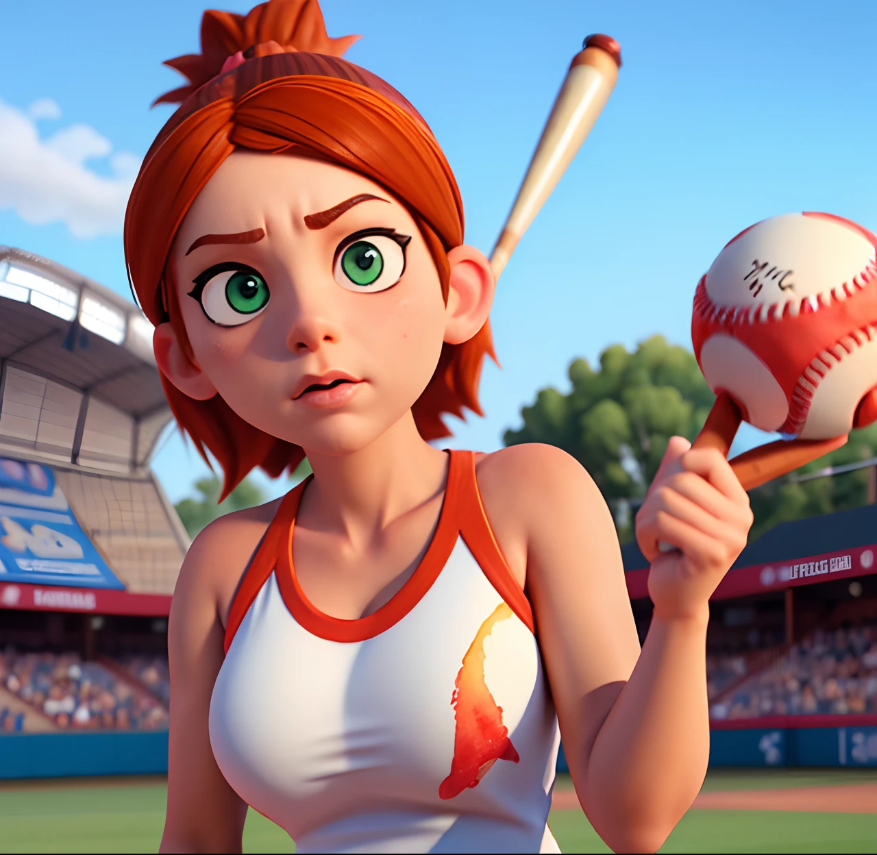 Masterpiece, (watercolor:1.3), (short stack:1.1), forward facing, eyes on camera, serious expression, (action shot:1.4) , (upper body strength:1.3), contrapposto (tattoo:1), softball pitcher, auburn hair, green eyes, (string bikini:1), pitching a softball at viewer, (focus on softball in foreground:1.4), sunny, natural lighting, High definition, excellent resolution, excellent quality, insane detail, semi realistic, postprocessed, crisp face, facial features, extremely detailed, facial features