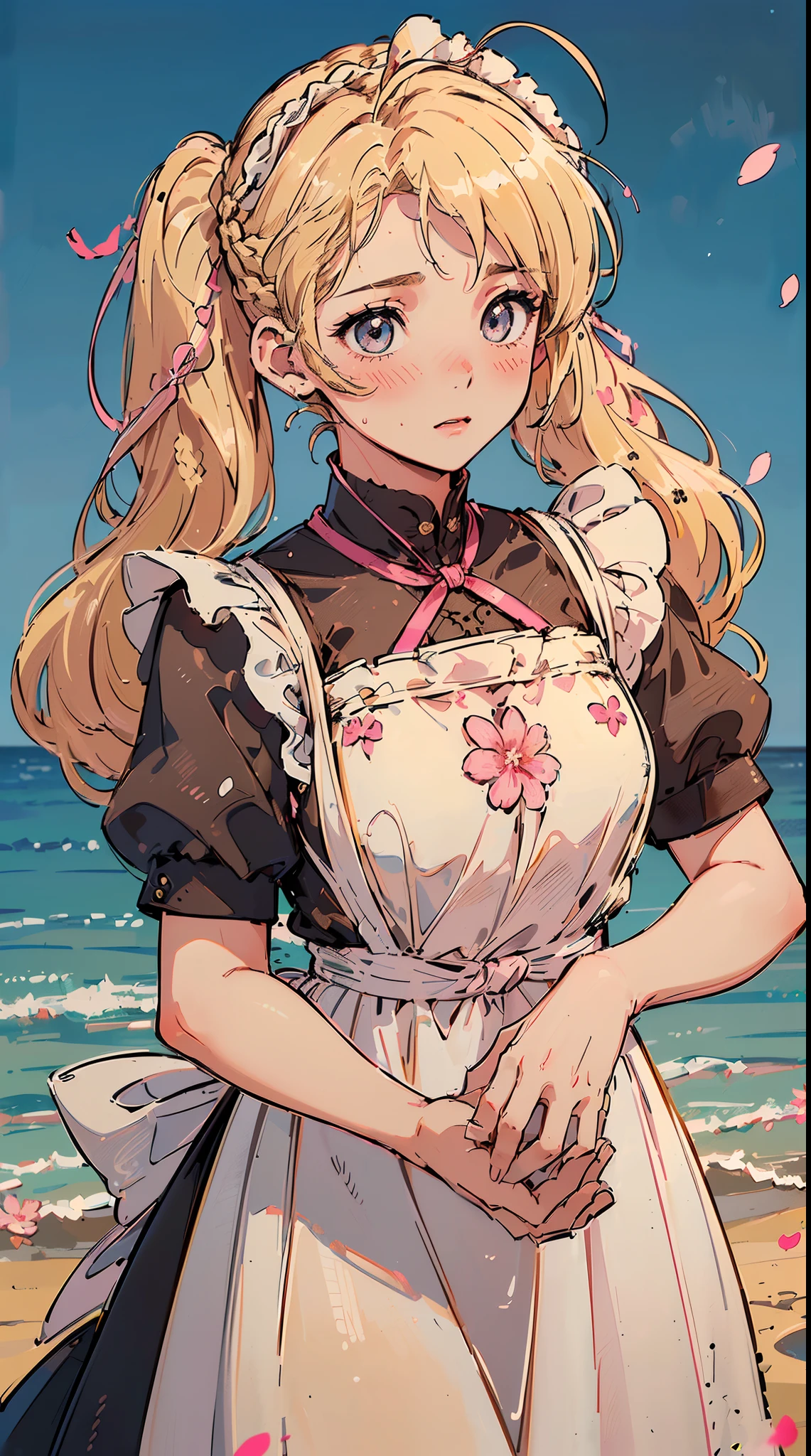 (((((((Blushing,cute cheeks,blonde hair，large maid apron with flower))))))，((1girl,Solo,Amazing,Cute Korean mixed-race girl，rosto magro,))(Masterpiece,Best quality, offcial art, Beautiful and aesthetic:1.2),((HD,Golden ratio,)) (16k),((sakura petals,snow pieces)),(Physically-based rendering),((((on a ocean,sandstorm,)))) (((highdetailskin,)))，((pinafore dress)),((((detailed hairs|middle hair|french braid|knot top|soaked hair|twintail|ahoge)))),Slender,thicc,(masterpiece sidelighting),(The sheen),(Beautiful hair,Beautiful eyes,）[[Delicate fingers and hands:0.55]::0.85],(Detail fingers),(((Superior quality,)))),((unbelievable Ridiculous quality,)),((extremely_Detailed_Eyes_and_face)),Movie girl,(Dynamic configuration: 1.2),Brilliant, (Photorealistic), ((pink ribbon on hair)),Ultra-precise depiction, Ultra-detailed depiction