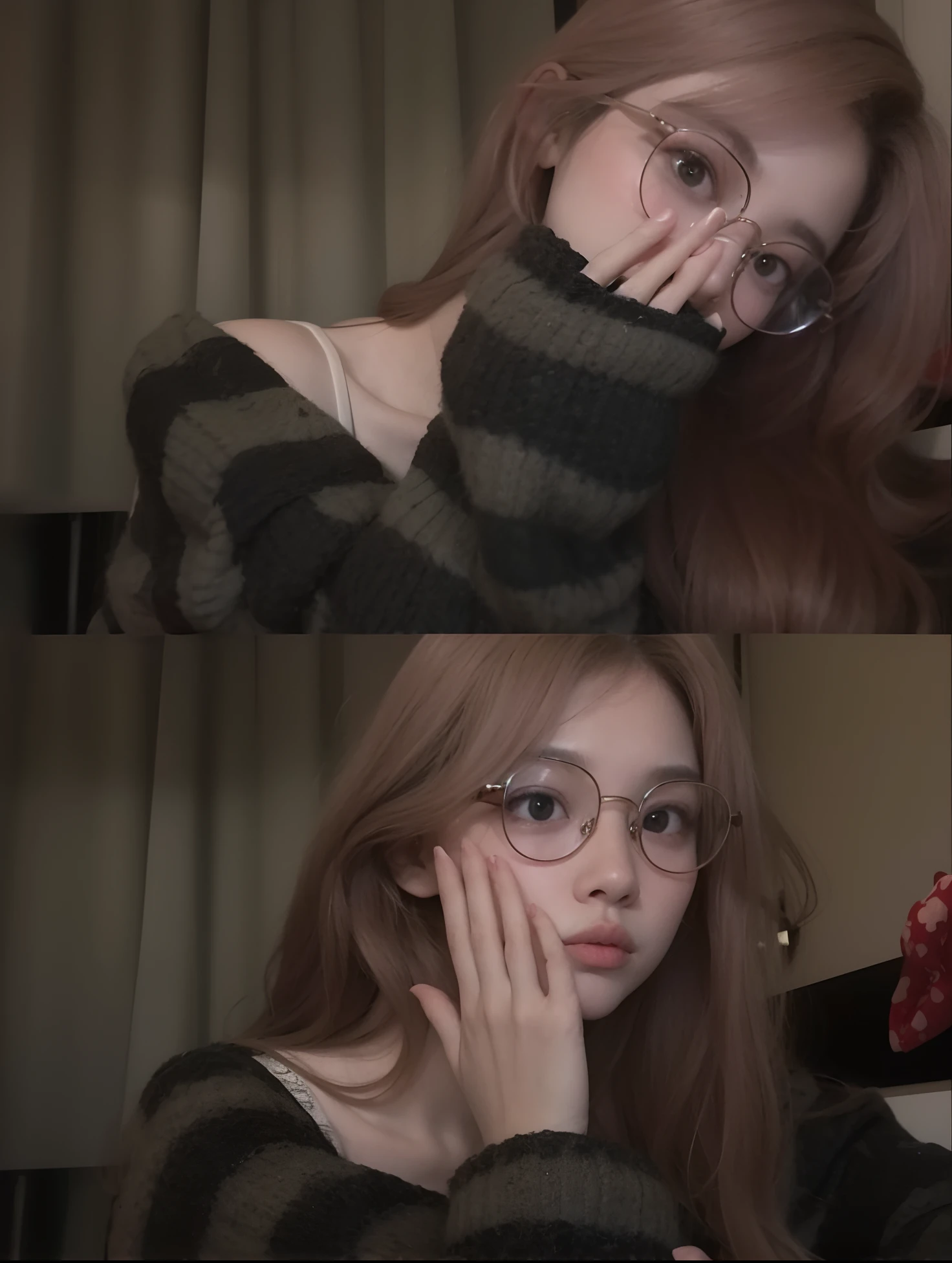 Two girls with glasses are posing for a photo in front of a mirror, Ulzzang, with square glasses, With eye Glasses, wearing small round glasses, lofi girl aesthetic, wearing thin large round glasses, Vidros redondos finos, 🤤 retrato da , aesthetic!!!!!!!!!!, wearing round glasses, with black eyeglasses, girl wearing round glasses, Round Eyewear