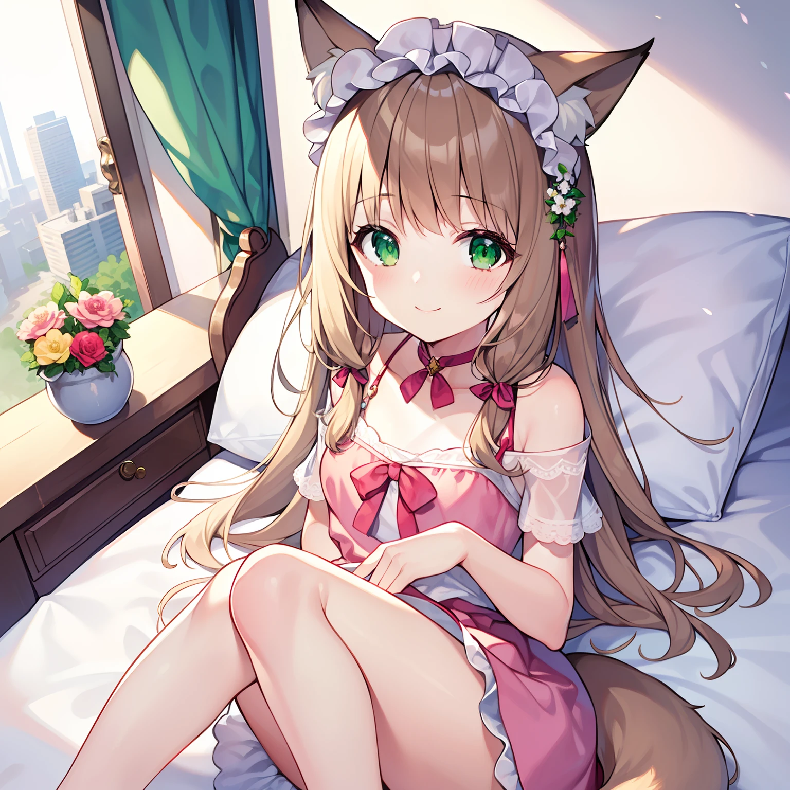 (masterpiece, best quality, high resolution), 1 girl, alone,  (Big soft fox tail)，A pair of fox ears，green eyes，(long brown hair)，small flower headdress, (9 _cute loli)，loli body，small breasts，moro liberation front，The girl plans to spend the night with me，in my room，There is only weak light in the room，Girl wearing white off-shoulder nightgown，Wearing white knee-high stockings，There is a pink love-shaped tattoo on the lower part of the belly，The groin is clearly visible，Used transparent condoms were clipped to the girl&#39;s underwear.，The condom contains a small amount of milk，The girl just did some strenuous exercise and feels a little tired，feel very blessed，Smile，Blush slightly，View from top to bottom，