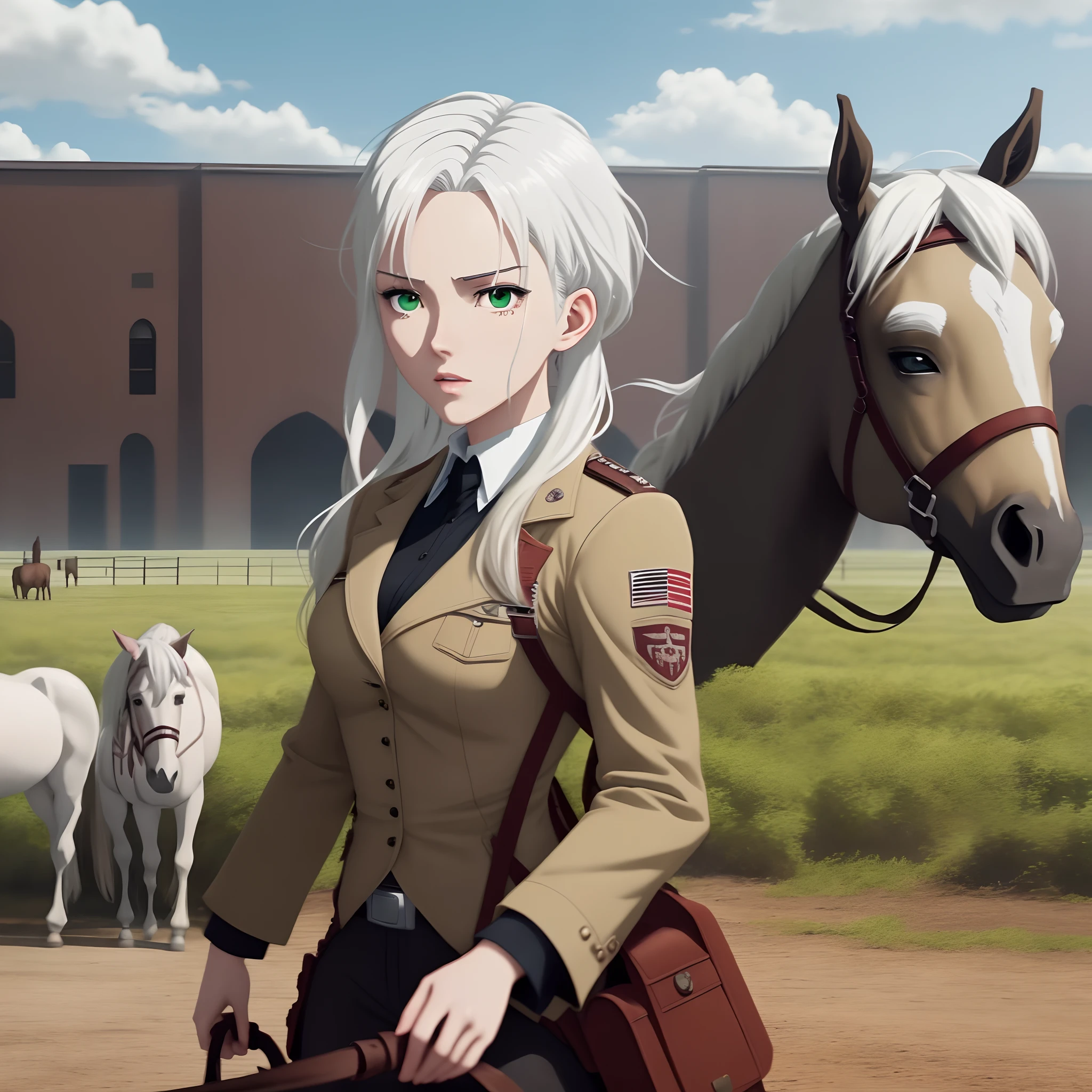 Attack on titan screencap of a female with white hair, blond hair ans green eyes. Beautiful background scenery of horses behind her. She is wearing a black long sleeves futuristic suit.
Season 4 MAPPA Studios screencap