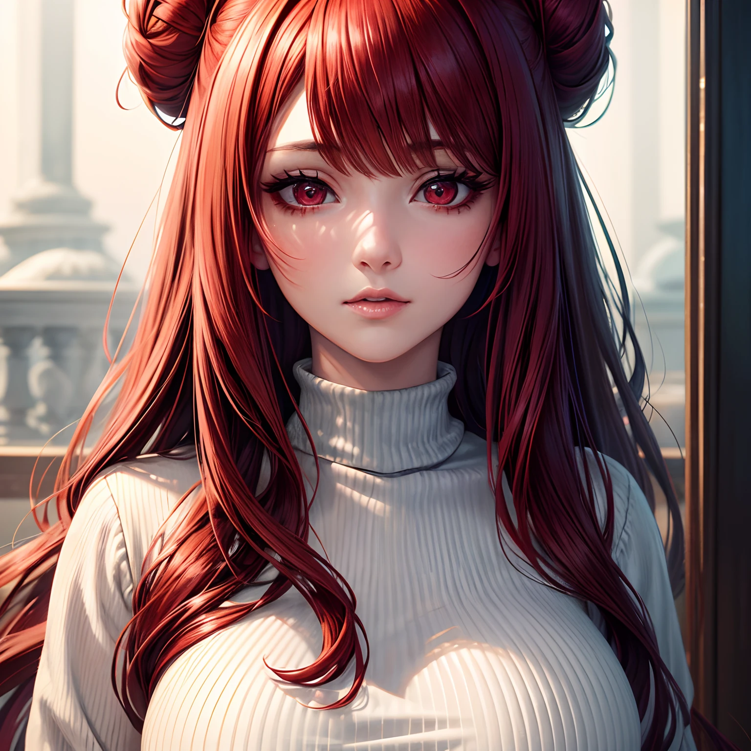 close up view ,1 girl, long hair, red hair, hair in two buns, choppy hair, bangs and fringe, big eyes, red eyes, thick eyelashes, eye shadow, relaxed, Turtleneck blouse, red blouse, medium breasts,(Highly Detailed CG,Unity,8K Backgrounds),(Highly Delicate and Beautiful),(Masterpiece),(Highest Quality),(High Resolution),Beautiful Lighting,,Realistic Shadow,(High Resolution),Detailed Skin,Highly Detailed,Faces Detailed eyes, realistic eyes