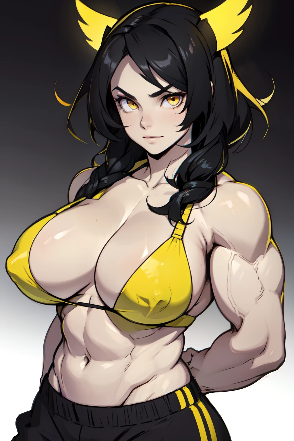 girl ((muscular)) huge breasts toned body black hair yellow eyes solo pale skin