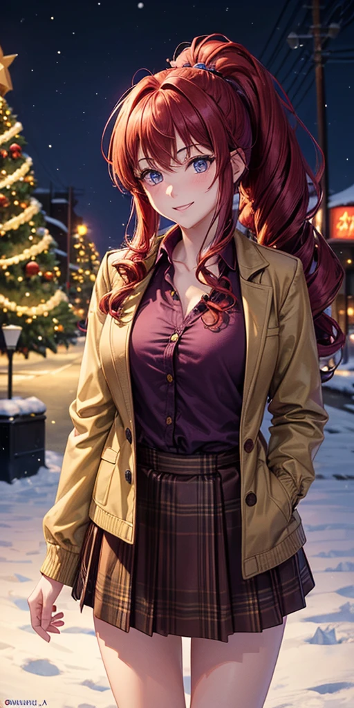 1girl, solo, christmas, ((christmas tree)), street, night, lights, snow, giving gift, long hair, red hair, curly hair, ponytail, large breasts, button down, ((opened brown short jacket)), dark blue eyes, ((purple shirt)), checked shirt, ((unbuttoned shirt)), ((long skirt)), smile, looking at the viewer, standing