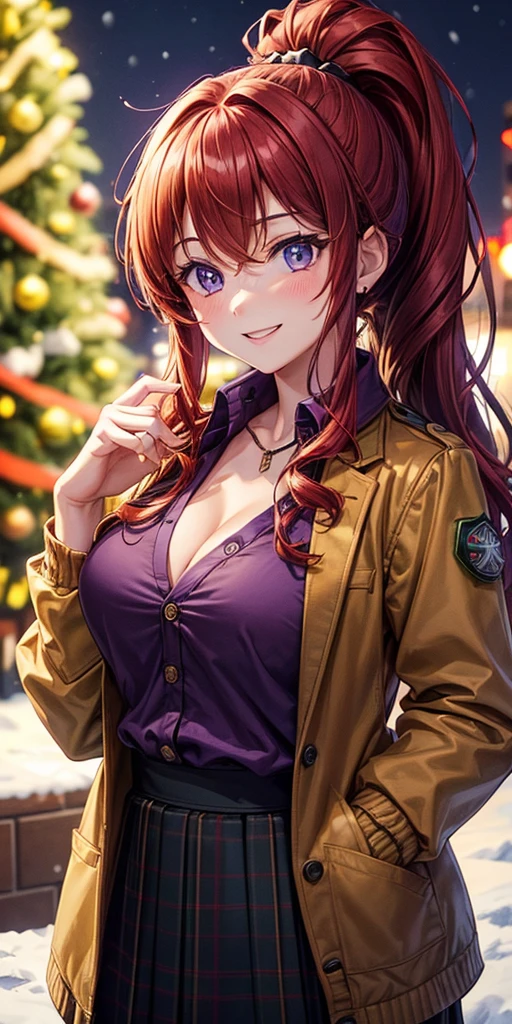 1girl, solo, christmas, ((christmas tree)), street, night, lights, snow, giving gift, long hair, red hair, curly hair, ponytail, large breasts, button down, ((opened brown short jacket)), dark blue eyes, ((purple shirt)), checked shirt, ((unbuttoned shirt)), ((long skirt)), smile, looking at the viewer, standing