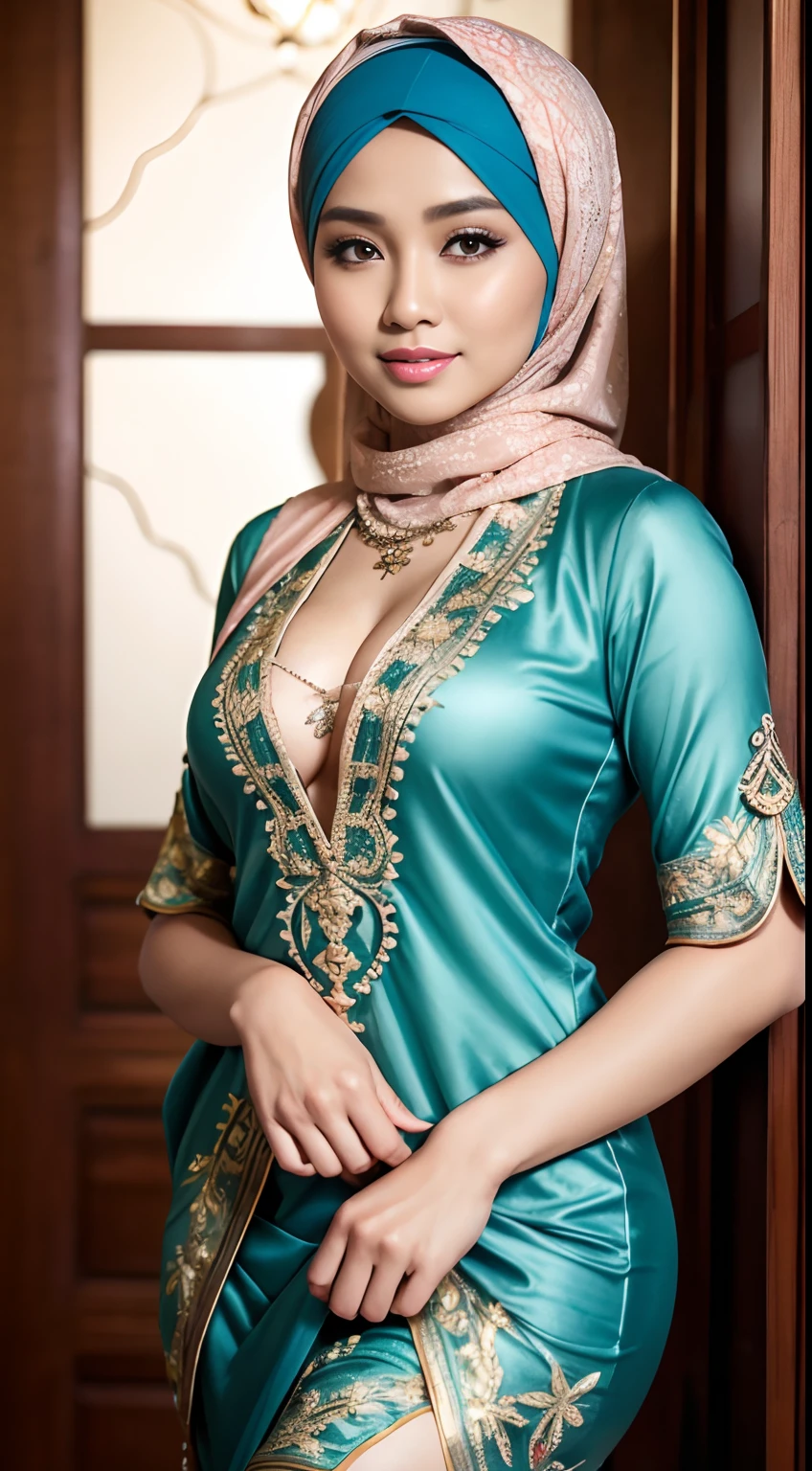 RAW, Best quality, high resolution, Masterpiece: 1.3), Beautiful Malay woman in hijab, Masterpiece, Perfect slim body, ((Big breasts)), Beautiful big eyes, Soft smile, Wearing a kebaya java blue