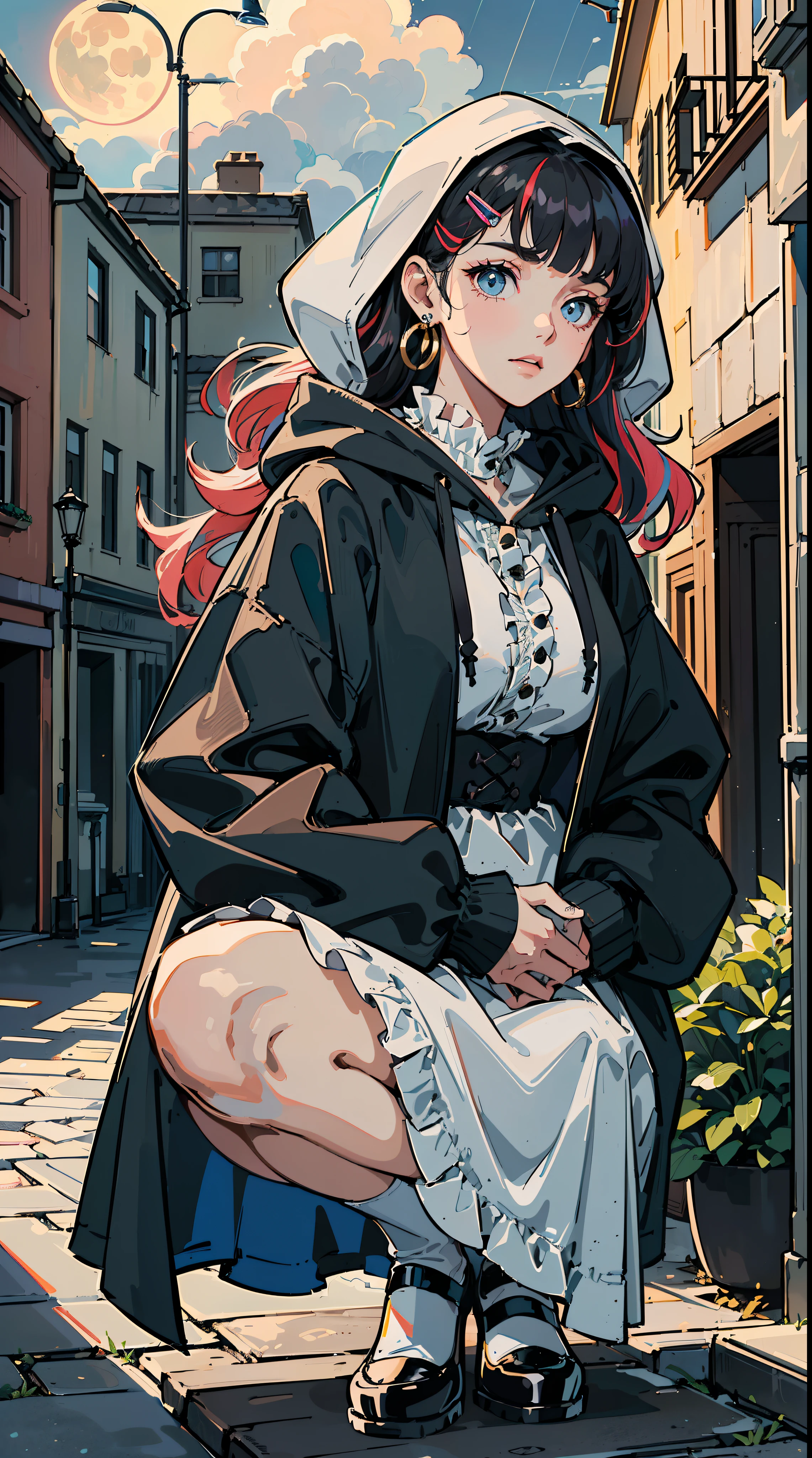 ((((frills,large black hoodie,rainstorm,))))((hands in pockets,squatting,))(Masterpiece illustration,Beautiful and aesthetic:1.2,head up,aim to sky), Best quality,Top quality, Epic quality,((((park,in the romanesque architecture streets ,in the baroque architecture ,outdoor,cloudy,))))(moonlight,moon glare, god light, shot,focus on face,))Neat face,underage,mature,Beautiful detailed hair,pink hair,hyper HD, retinas, Textured skin, A high resolution, 16k ,((hairclip,blunt bangs,sidelocks,middle hair,natural curly hair)),Detailed face, 1JK, lady,Solo, Perfect face, Very amazing girl,((covered by thin translucent cloth,skindentation,high waist skirt,black streaked blue coat,large cloak,metal earrings,spiral earrings)),rim-light
