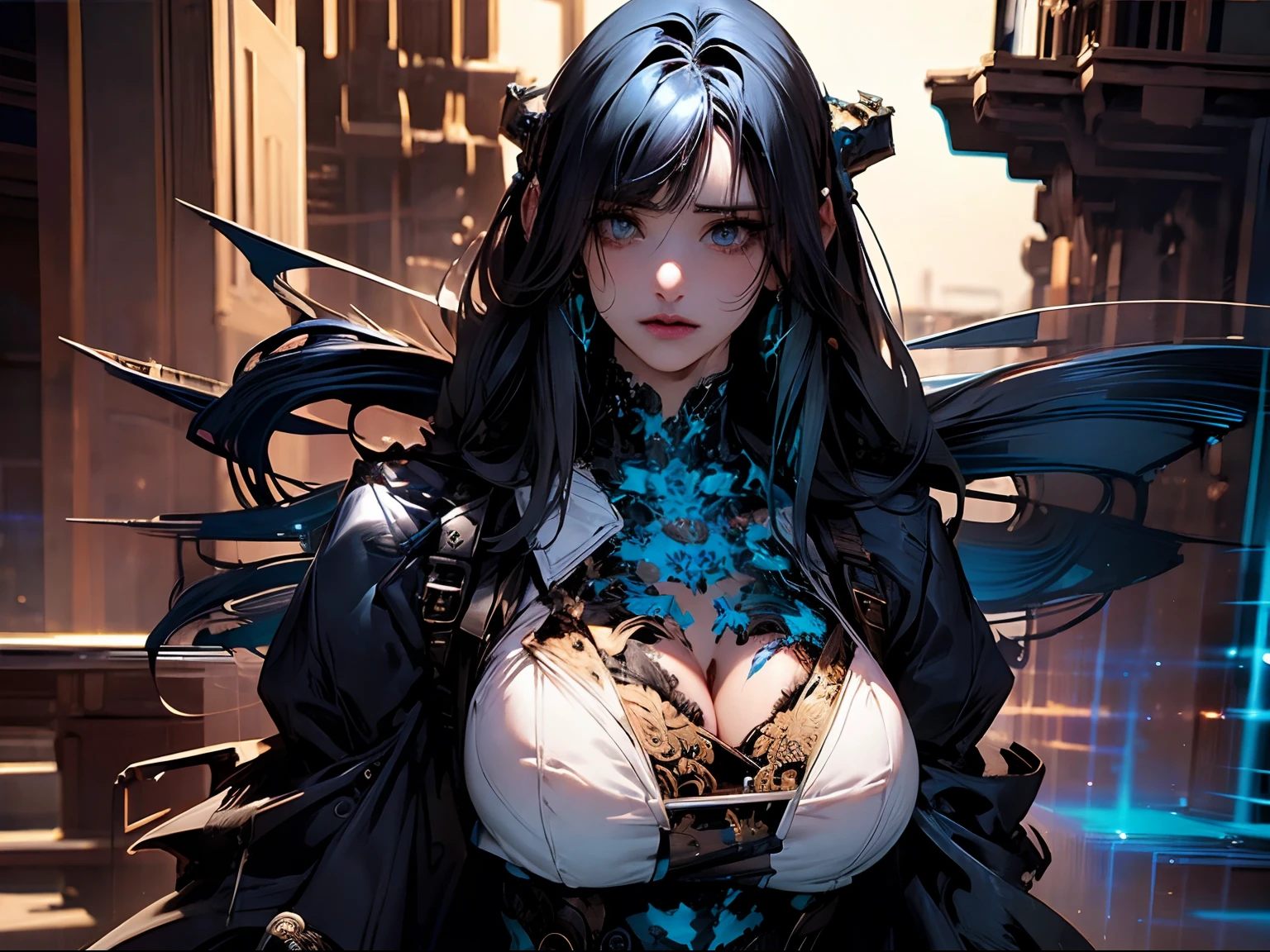 8k_wallpaper, extremely detailed eyes, extremely detailed body, (large masterpiece digital art), (detailed manga illustration), (detailed line art), ((perfect anatomy)), (intricate details:1.3), (ultra-detailed:1.3), (illustration:1.3), (sharp focus:1.3), (natural lighting:1.05), (vivid colors:1.3), (masterpiece), best quality, expressive eyes, perfect face, 1 girl, breasts, cleavage, gloves, huge breasts, cyberpunk clothes, black jacket, dark blue hair, very long hair, messy hair, green eyes, hourglass physique, alluring outfit, shorts, Fighting stance, Huge ass, Cyberworld,