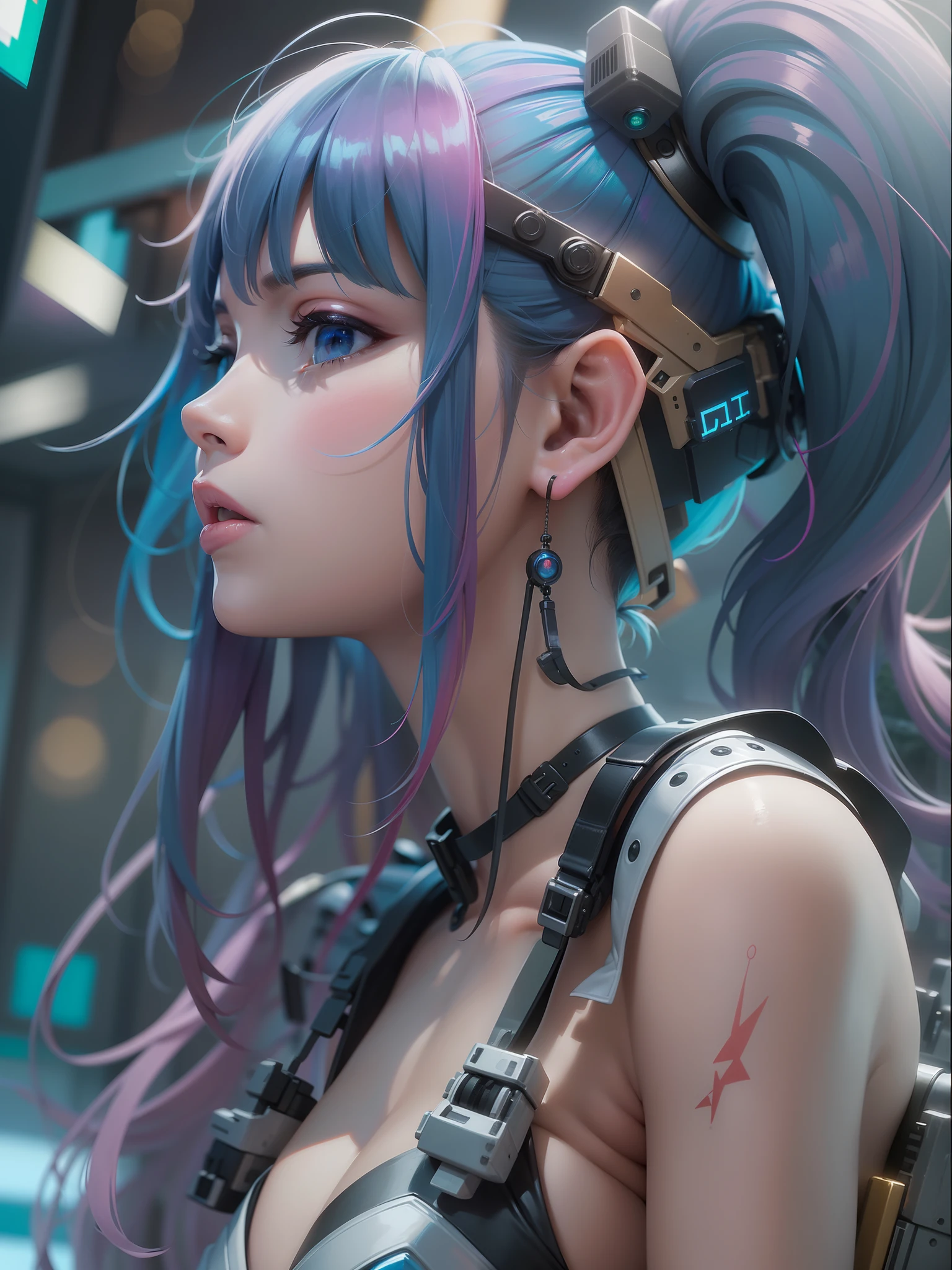 (((obra maestra)))、(((highest qualityr)))、((Ultra-definition))、(High Definition CG illustration)、((extremadamente delicado y hermoso))、、cinematiclight、solo、cuerpo completo Esbian、cyberpunked、2040s、animesque、dreamy cyberpunk girl、Peinado de colas gemelas、cabello arco iris、Tendencias en Artstationh、Rachel Walker、