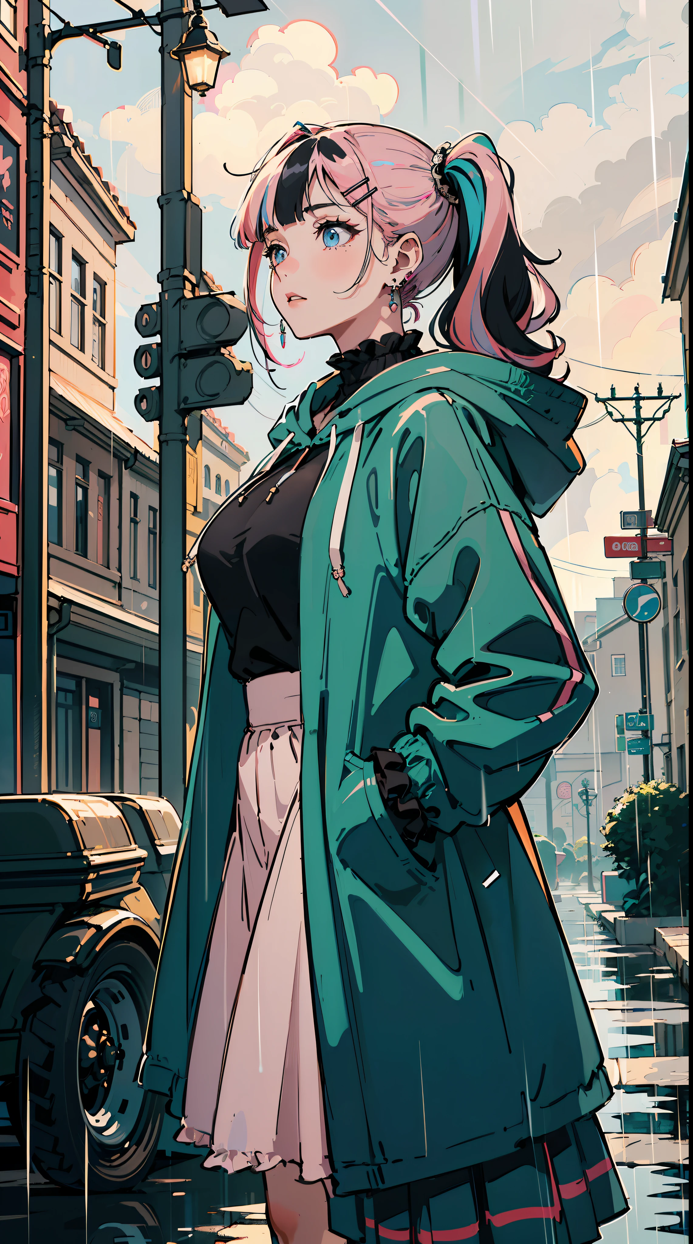 ((((frills,large black hoodie,heavy rain,))))((hands in pockets,))(Masterpiece illustration,Beautiful and aesthetic:1.2,aim to sky), Best quality,Top quality, Epic quality,((((,in the romanesque architecture streets ,in the baroque architecture ,outdoor,))))(moonlight,moon glare, god light,at night,upper upper shot,focus on face,))Neat face,underage,mature,Beautiful detailed hair,cyan hair,hyper HD, retinas, Textured skin, A high resolution, 16k ,((hairclip,side ponytail,blunt bangs,sidelocks,middle hair,natural curly hair)),Detailed face, 1JK, lady,Solo, Perfect face, Very amazing girl,((skindentation,high waist skirt,pink streaked blue coat,large cloak,metal earrings,spiral earrings)),rim-light