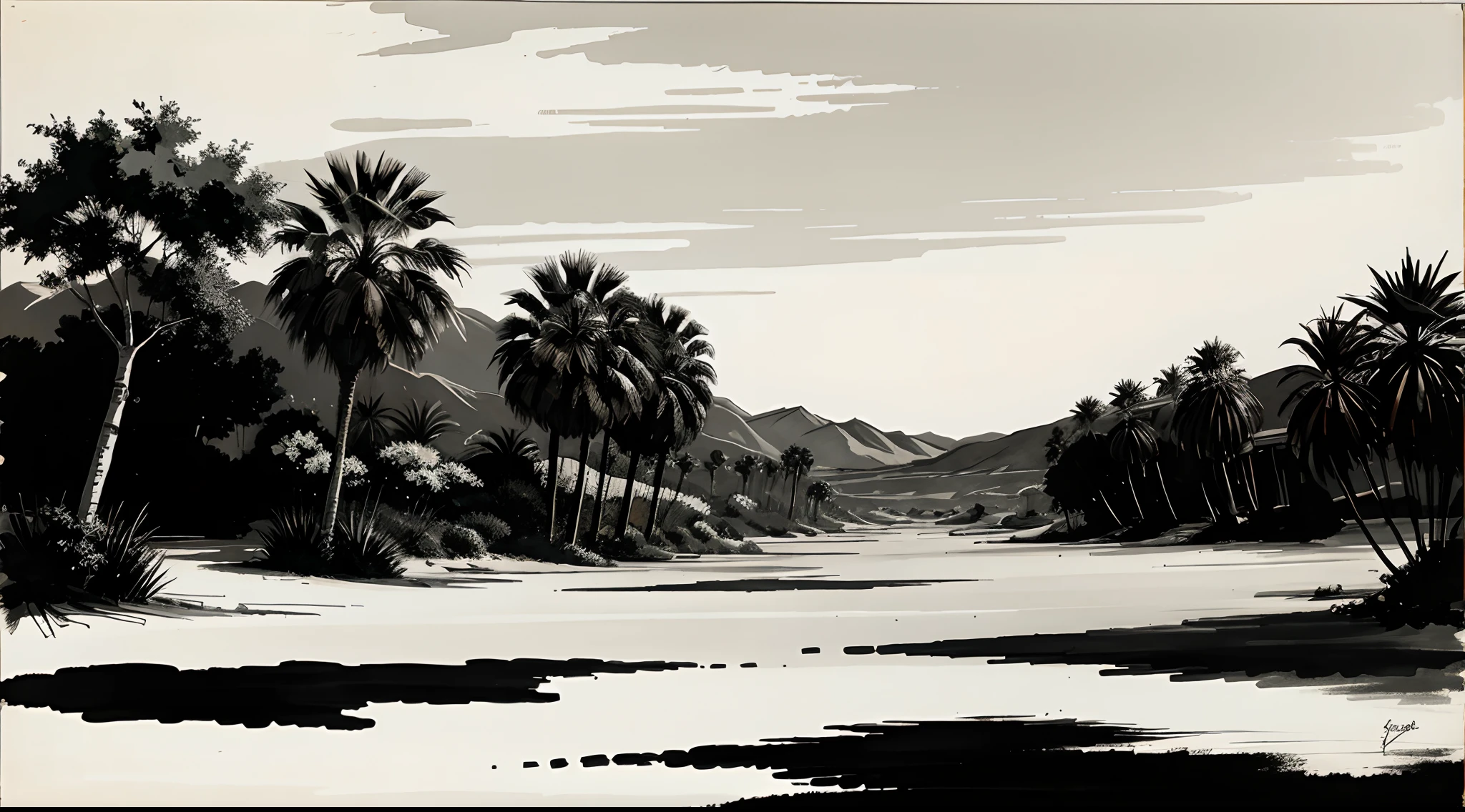 Ink brush painting of an oasis