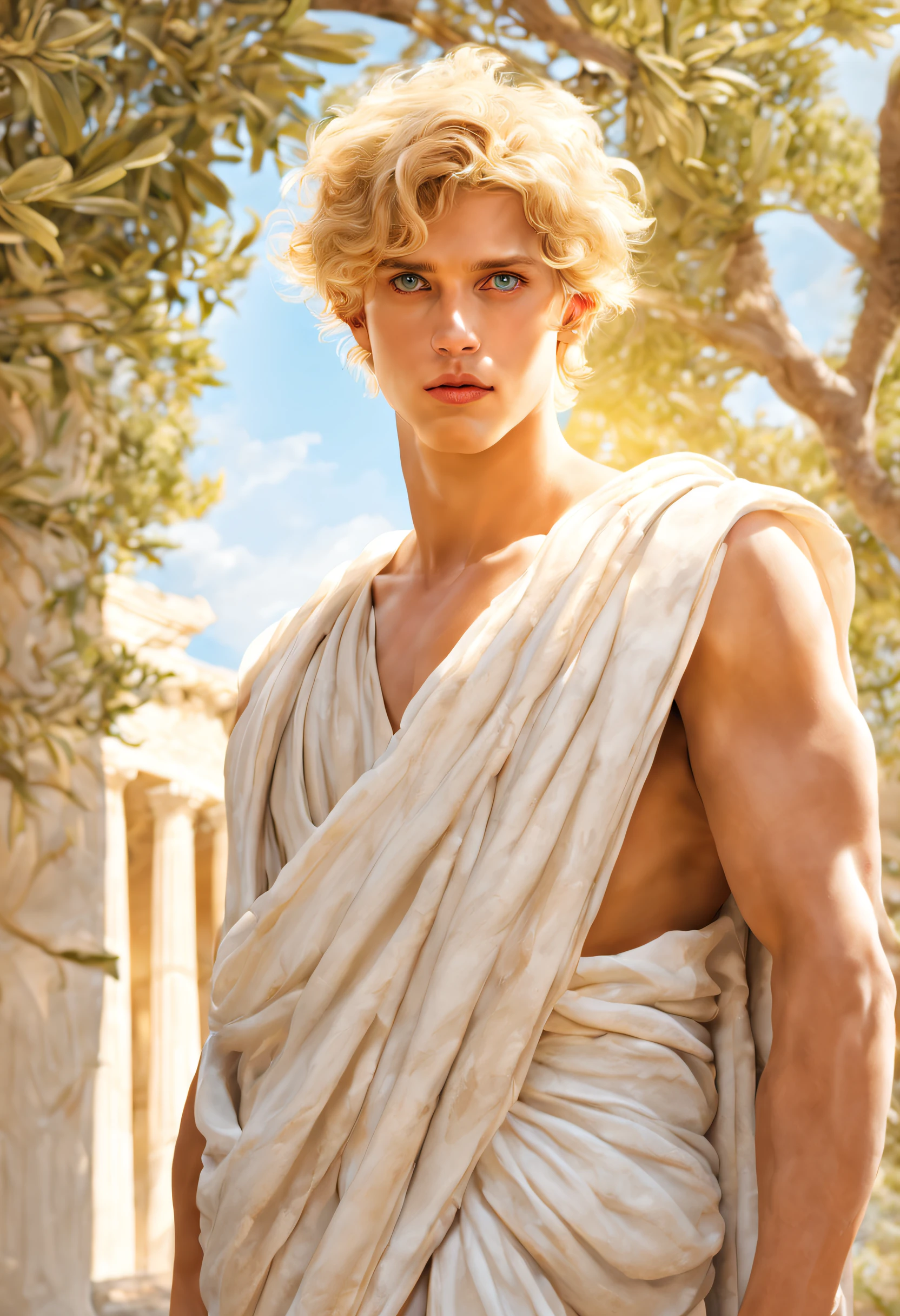 greek,blonde hair,boy,blue eyes,beautiful detailed eyes,beautiful detailed lips,white toga,ancient greece,olive trees,marble columns,historical setting,bright sunlight,best quality,ultra-detailed,realistic,vivid colors,portraits,colorful,soft lighting,sensual,showing the chest