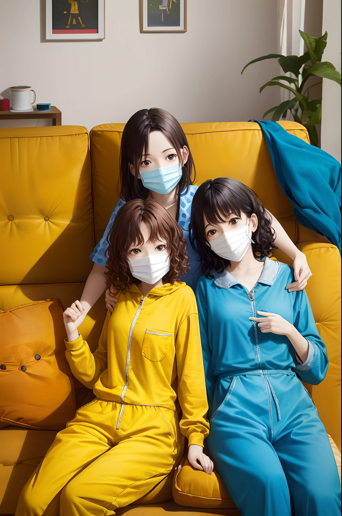 Art photography of cheerful woman with derp face and curly brown hair, sitting on a sofa wearing yellow jumpsuit, looking happy and relaxed. Behind the sofa, stand four ninja turtles, each with a unique color-coded mask covering their eyes. They exhibit a mix of smirking and friendly expressions, portraying camaraderie and humor. The scene is set in a spacious living room, group portrait with warm atmosphere