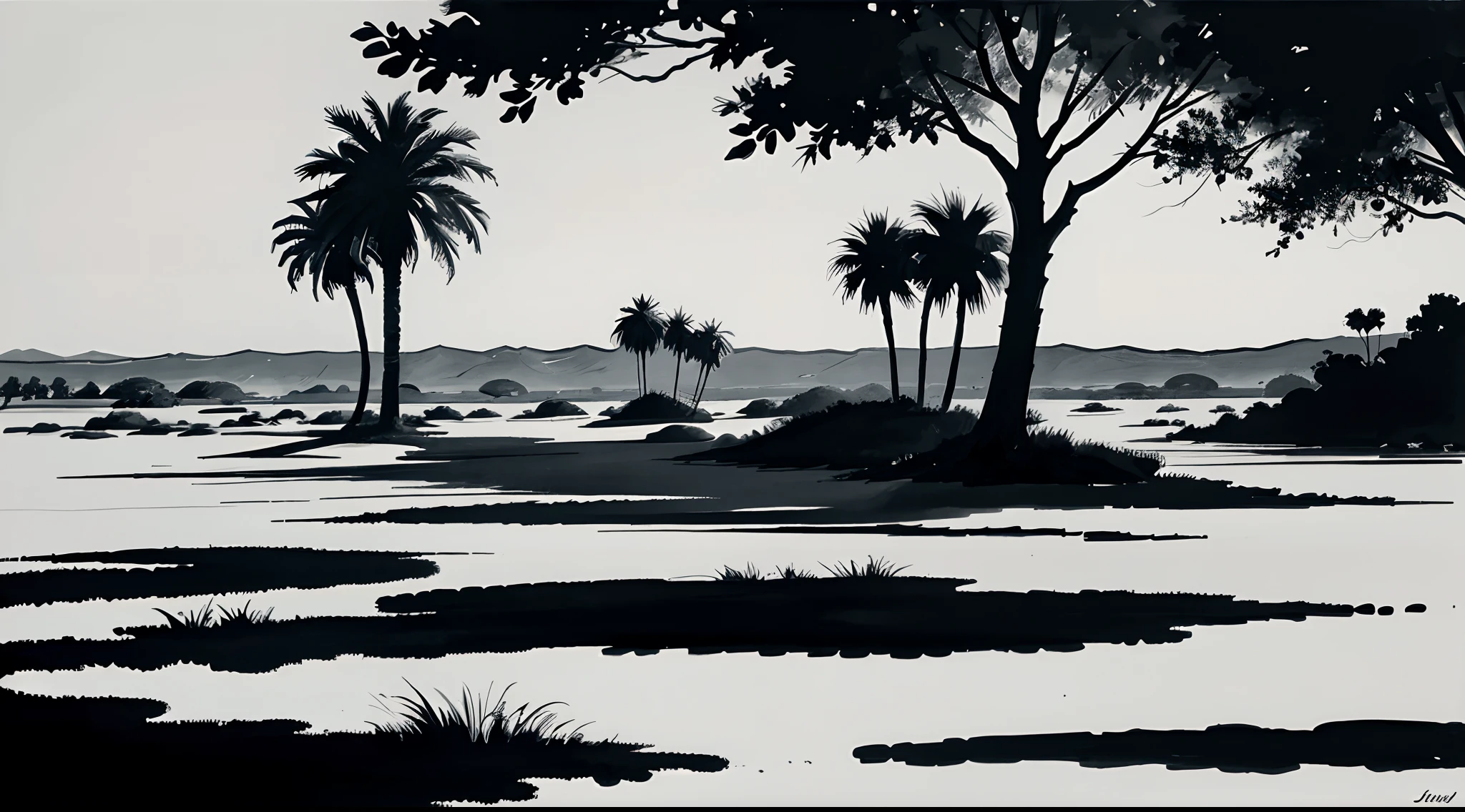 Ink brush painting of an oasis
