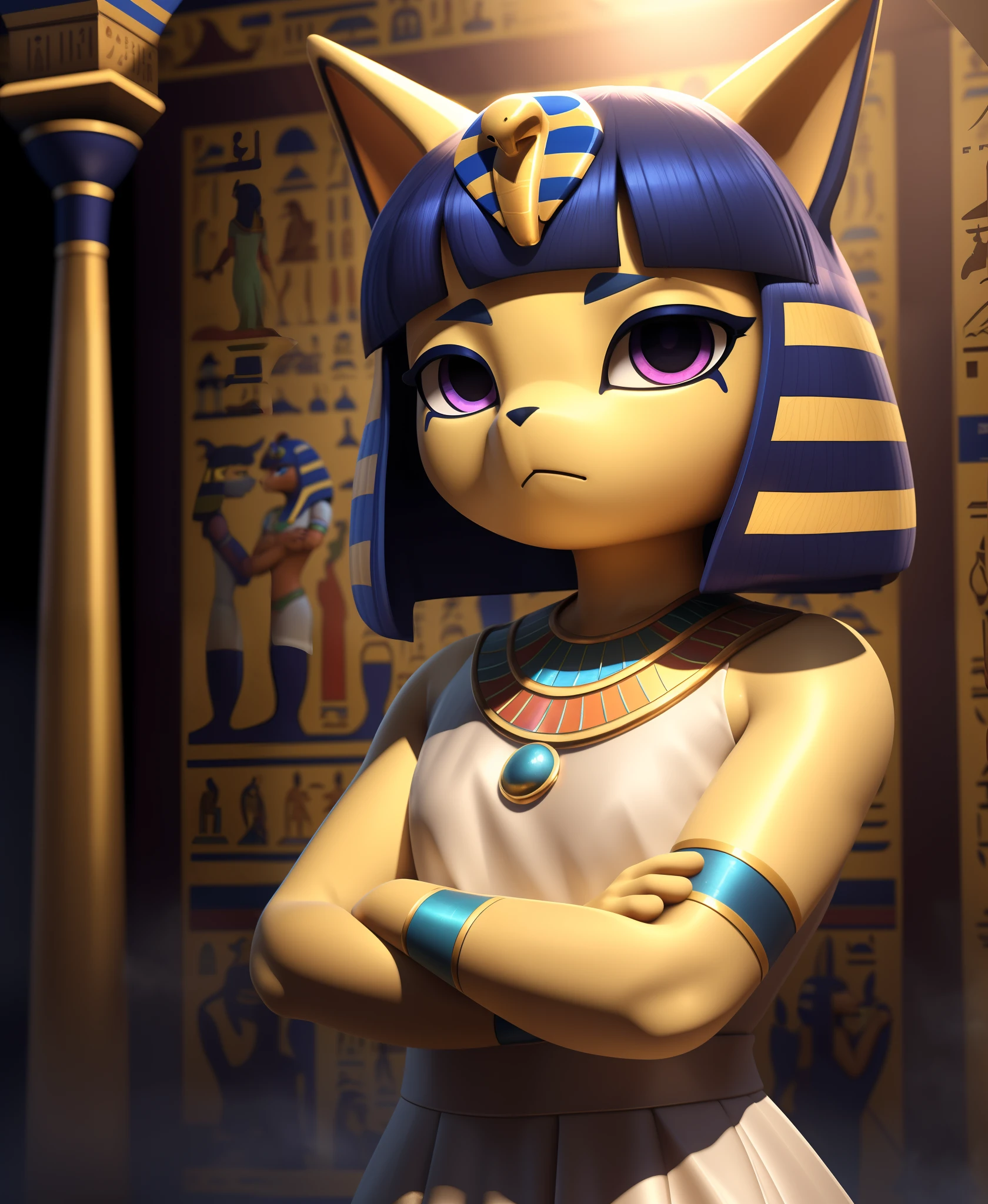 uploaded on e621, ((by Hyilpi, by Supplesee, by Dagasi, Animal Crossing)), solo ((chibi ankha \(animal crossing\))) with ((yellow body)) and (navy blue short hair) and (purple hypnotic eyes), (wear egyptian white dress, egyptian mythology, flat chested,:<, crossed arms:1.2), ((detailed fluffy fur)), (three-quarter portrait, looking at viewer, three-quarter view:1.35), BREAK (egyptian room, yellow wall, egyptian symbol:1.25), (starry, fog, mist) (detailed background, depth of field, half body shadow, sunlight, ambient light on the body), (digital painting \(artwork\), photoshop \(medium\), painttool sai \(medium\):1.3) (masterpiece, best quality, ultra realistic, 4k, 2k, (high detail:1.3), (3d \(artwork\):1.2), blender \(software\), (soft focus:1.1), ray tracing, (unreal engine:1.3), absurd res)