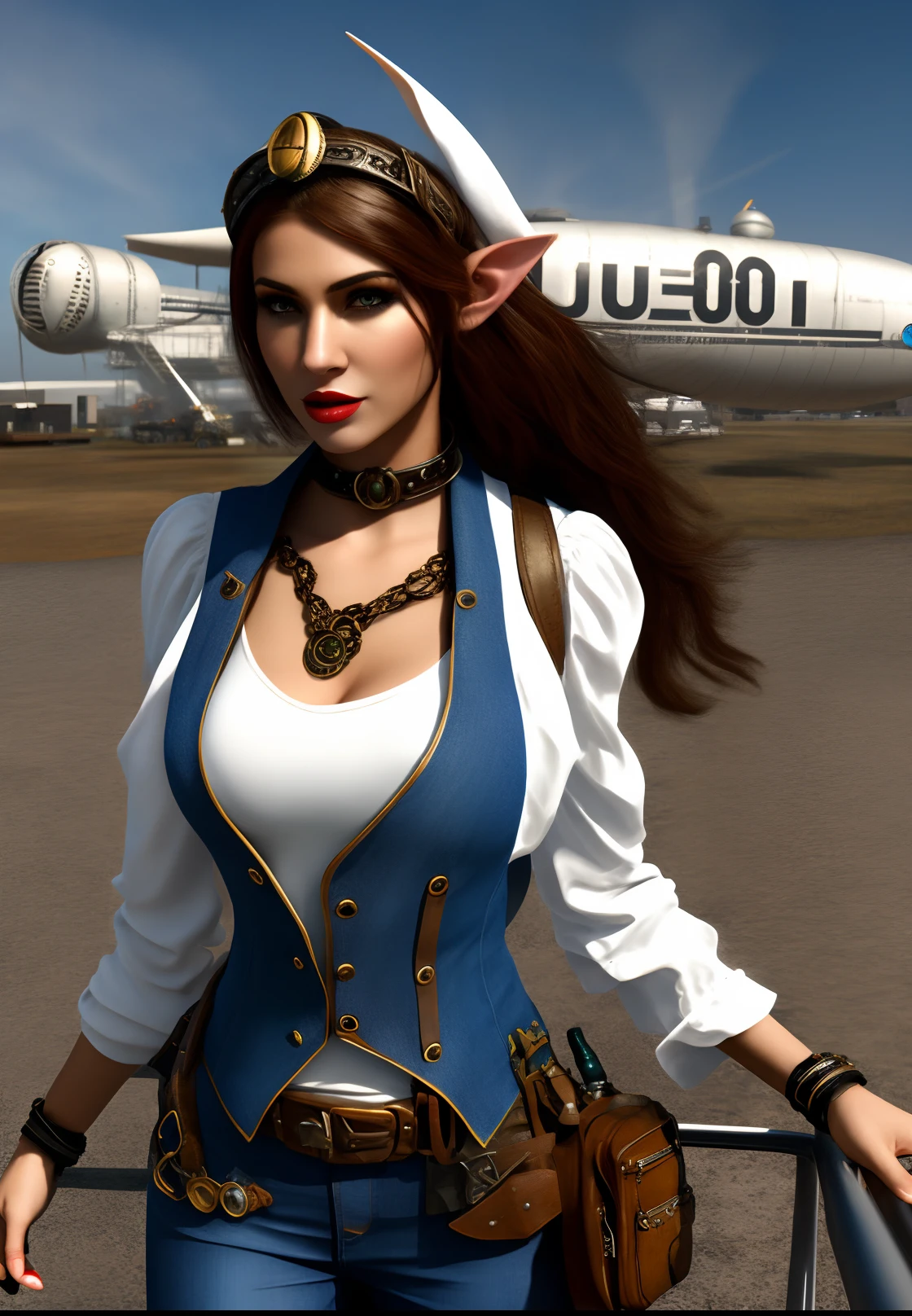 Steampunk elf woman, dark arabic skin tone, dark brown hair, four breasts, denim vest, white undershirt, airship pilot, ultra photo realistic, hd, on airship bridge In pilots seat,