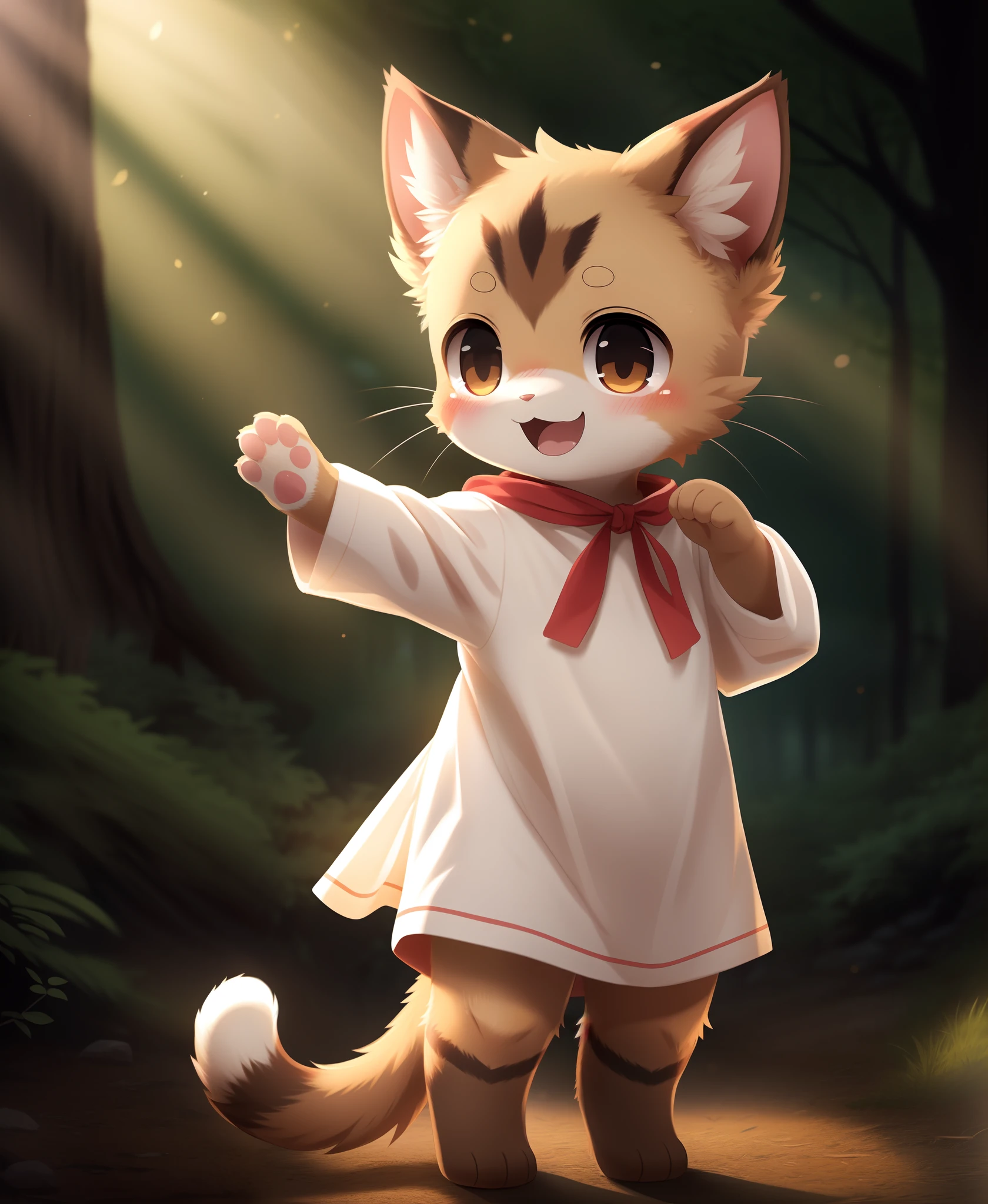 dagasi, ( furry body) , (realistic fur) , standing, fluffy tail, blush, (:3), species that looks like a cross between girl and a cat, a happy ,dancing, cinematic lighting ,4k, in the forest, cute