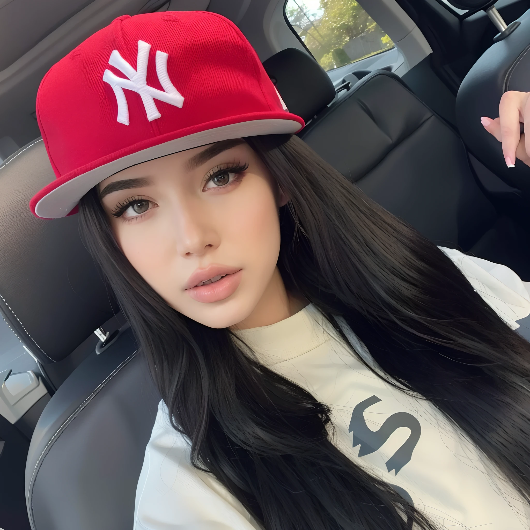 A close-up of a woman wearing a baseball cap and a t-shirt, Ava Max, Kailee Mandel, Medio rosa, 18 years old, Kylie Jenner, Violeta Myers, wearing a red backwards cap, Cerveza Madison, 1 6 years, 21-year-old, Retrato Demi Rose, Retrato de Demi Rose, 2 , con sombrero
