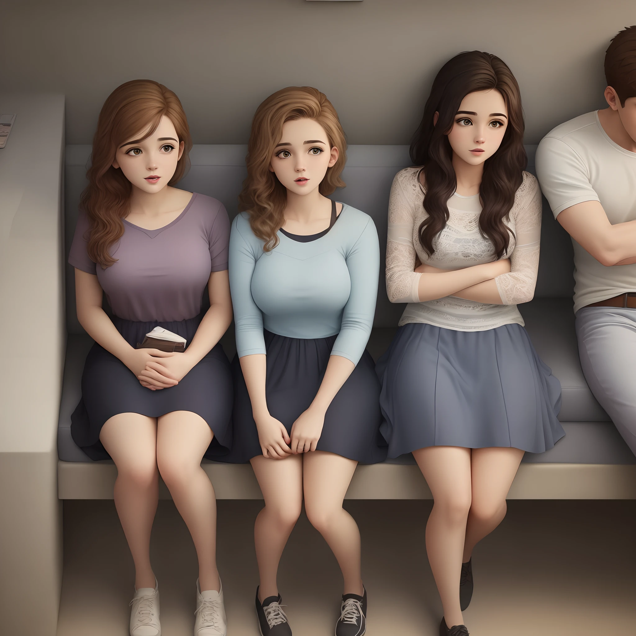 three women sitting on couch with pillows talking to each other, realistic artstyle, the girl in the center is nude, casual pose, realistic style, official fanart, realism artstyle, hyperrealistic teen, high quality fanart, background artwork, calmly conversing 8k, realistic art style, relaxed poses, 3 young and beautiful women, detailed realistic expressions, realistic picture