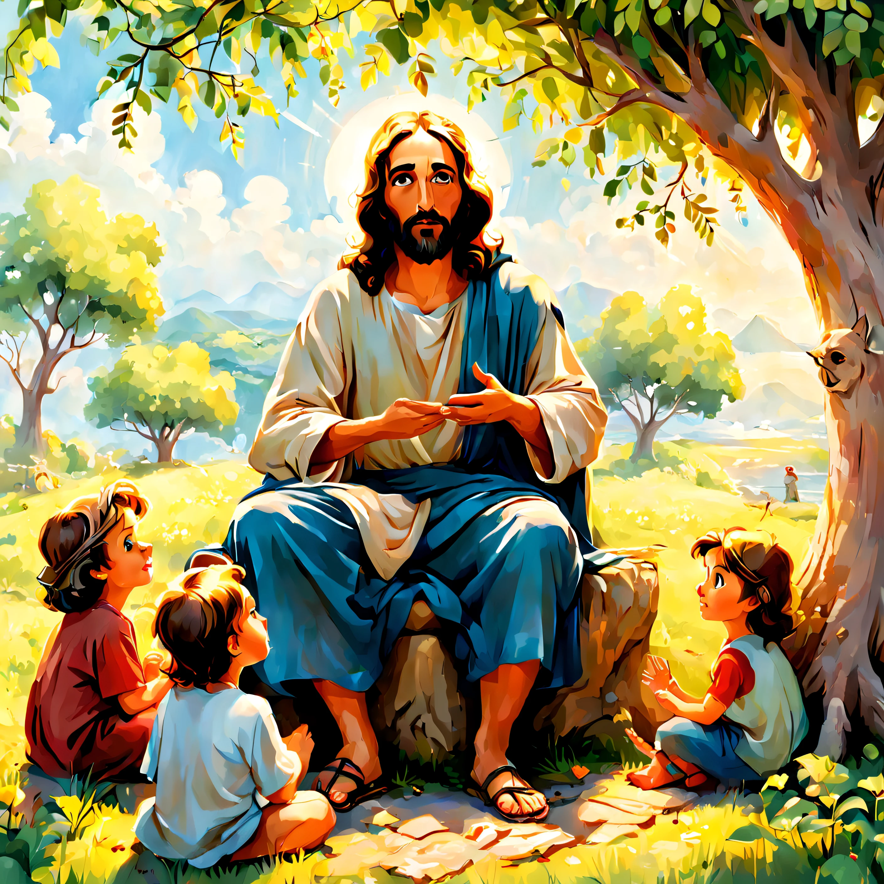 desenho, Jesus sitting under a tree telling stories to various children around, olhos perfeitos, perfect hands