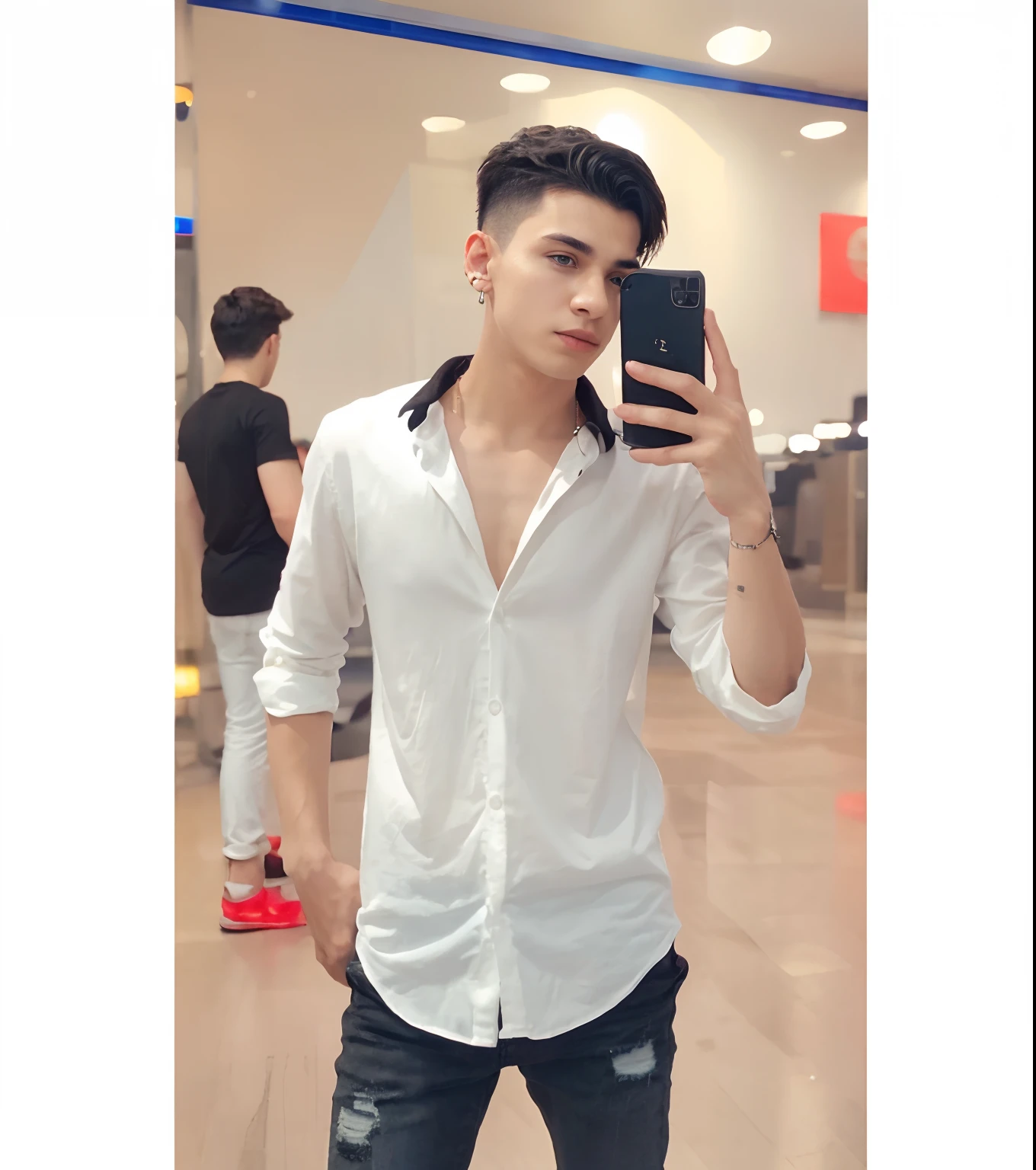 A solo boy, a boy wear a black cotton shirt, stylish jeans, black shirt, cool hair style, realistic look, 8k quality, face real, real boy, normal body, tops on ear, cool background, 5star hotel background, lights in background, realistic background, hd background a boy wear accessories,