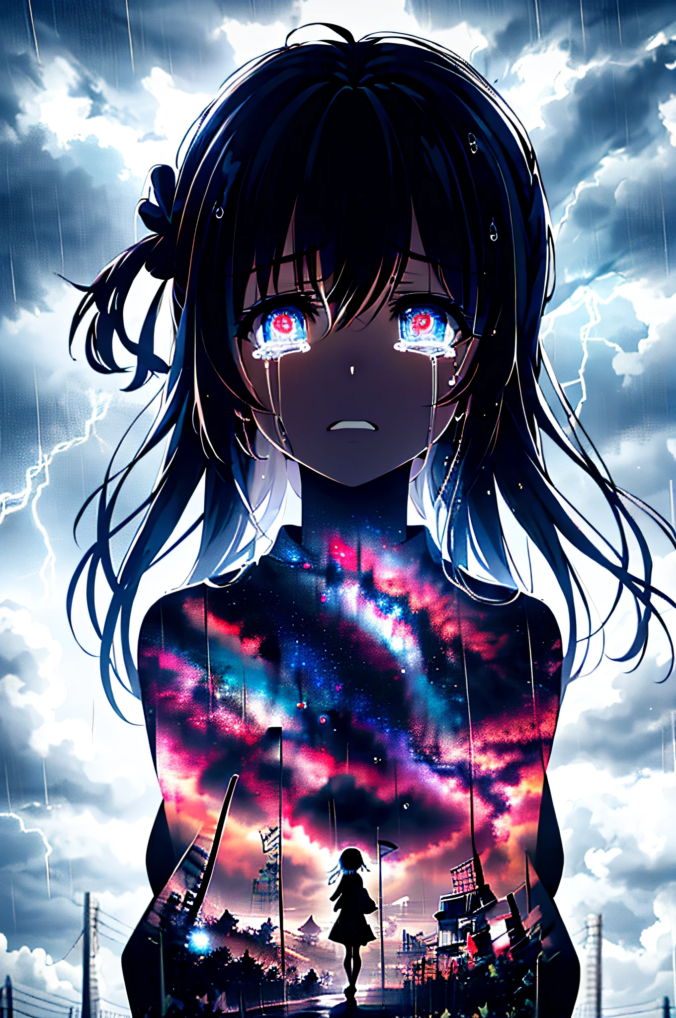 masterpiece, best quality, 1girl, solo, (silhouette:1.3), glowing eyes, tears, rain, lightning, star (sky)