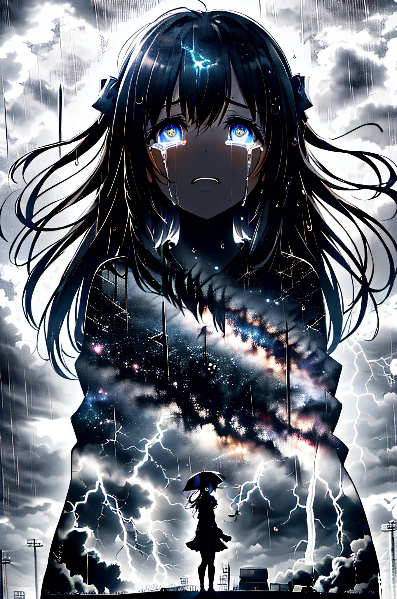 masterpiece, best quality, 1girl, solo, (silhouette:1.3), glowing eyes, tears, rain, lightning, star (sky)