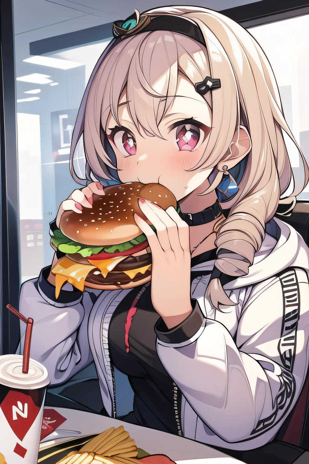 masterpiece, super detail, best quality, beautiful gyaru, hoodie, pupils sparkling, two-handed burger, holding a big burger with both hands, eating,