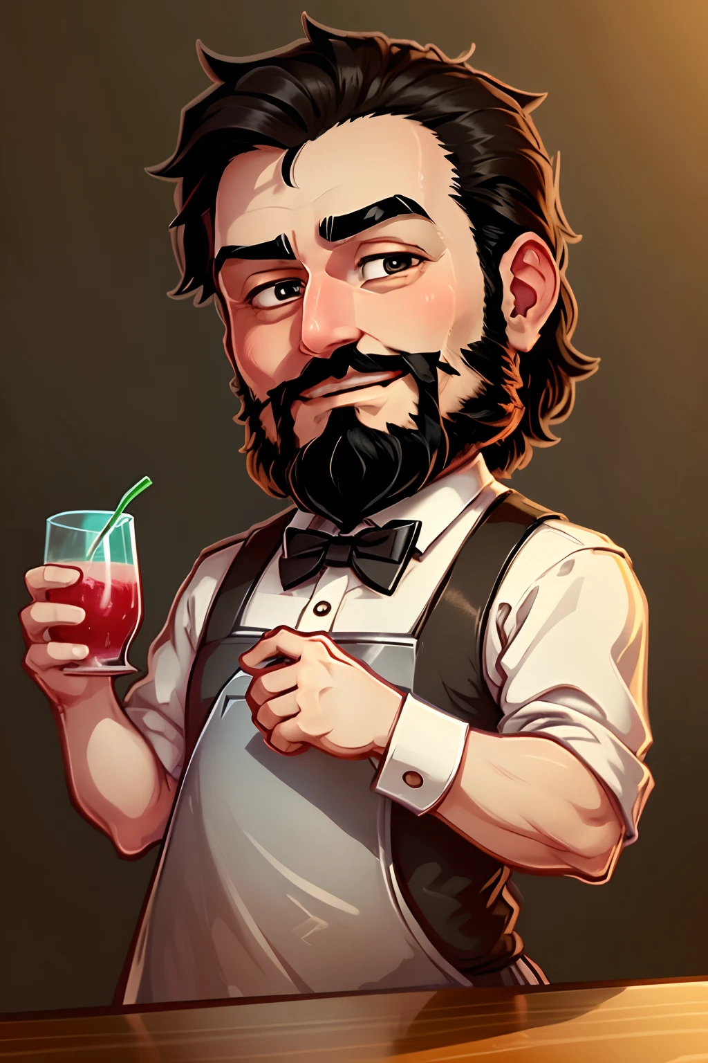 um adesivo, Man who is a bartender. cabelo preto curto e barba cheia. He has a friendly face and wears a bartender's uniform, completo com avental e gravata borboleta, With hand on chin, pensante, representado com cores vibrantes, a happy expression, e olhos grandes. estilo anime chibbi. fundo branco