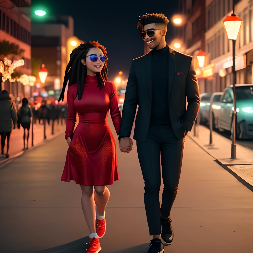 A young couple walking hand in hand in the city at night, with colorful lights and buildings in the background. Ella, a gorgeously fit and athletically toned Cambodian-American woman is wearing a colorful dress and high heels, while Jack, a handsome black man with dreadlocks wearing sunglasses, a red jacket and unique, red five finger toe shoe boots, where each toe has an individual pocket sneakers. They are smiling and looking at each other.
