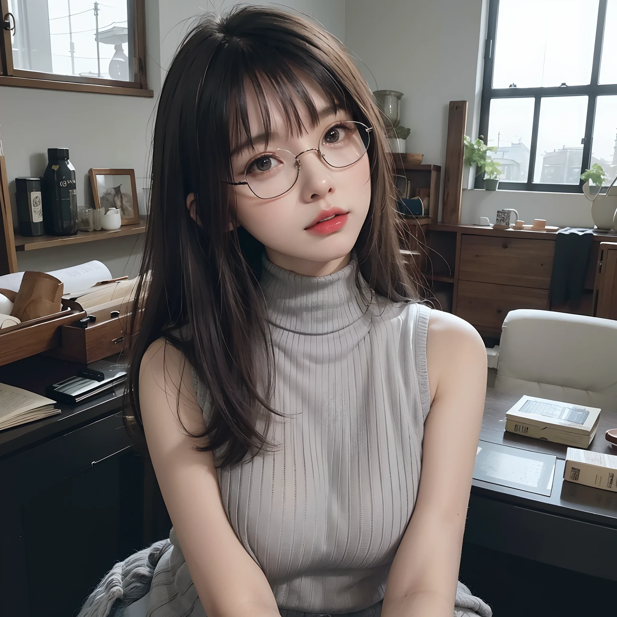 masterpiece, best quality, extremely detailed cg unity 8k wallpaper, high-quality, ultra-detailed,beautiful detailed skin,1girl,enako,standing,fullbody shot,black hair,extra long hair,very very straight hair,bangs,(black glasses:1.3),(gray knit,turtleneck,sleeveless,long knit:1.3),huge breast,shorts,room,pc,desk,