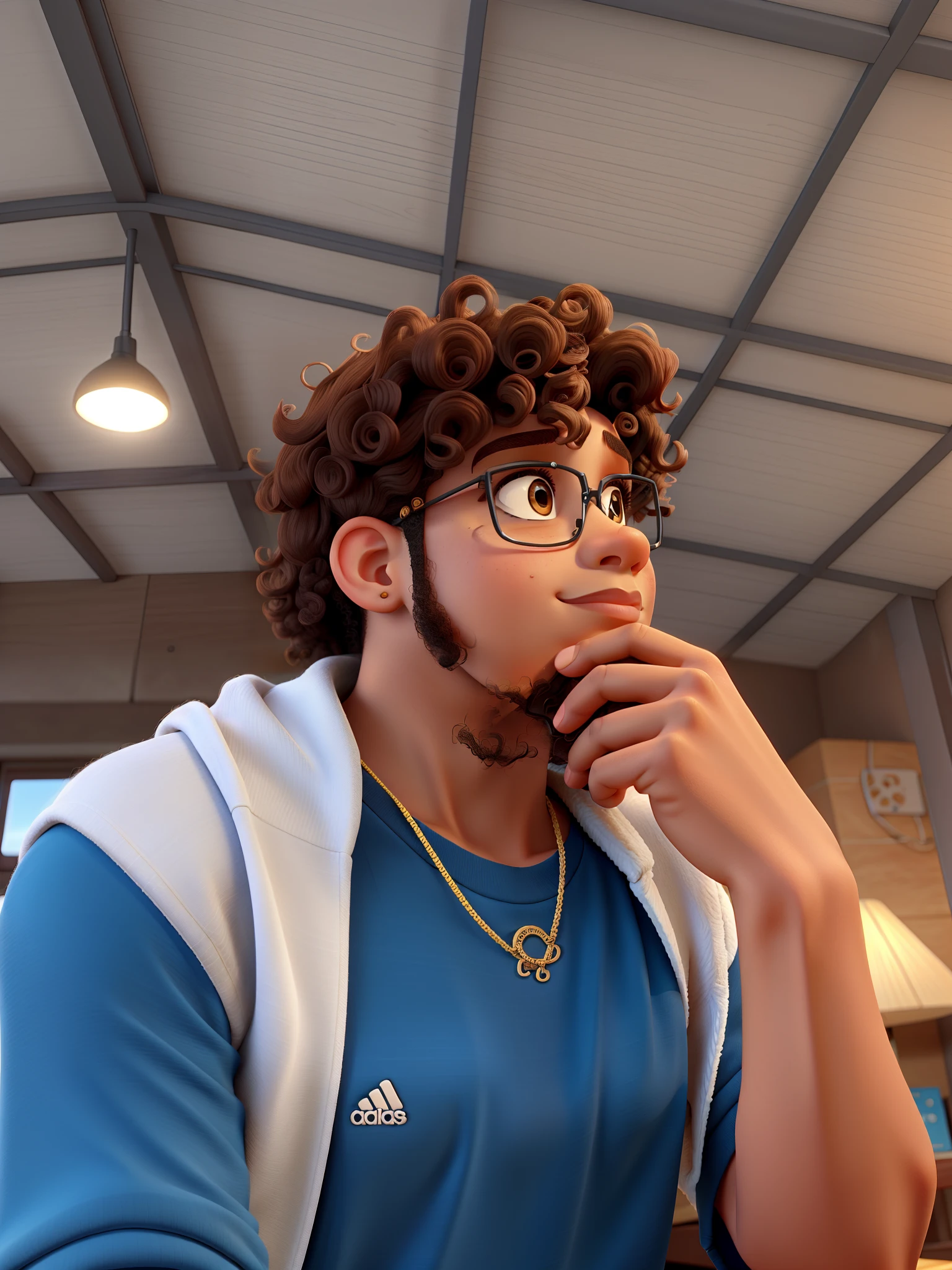 curly hair, younger and brown skin