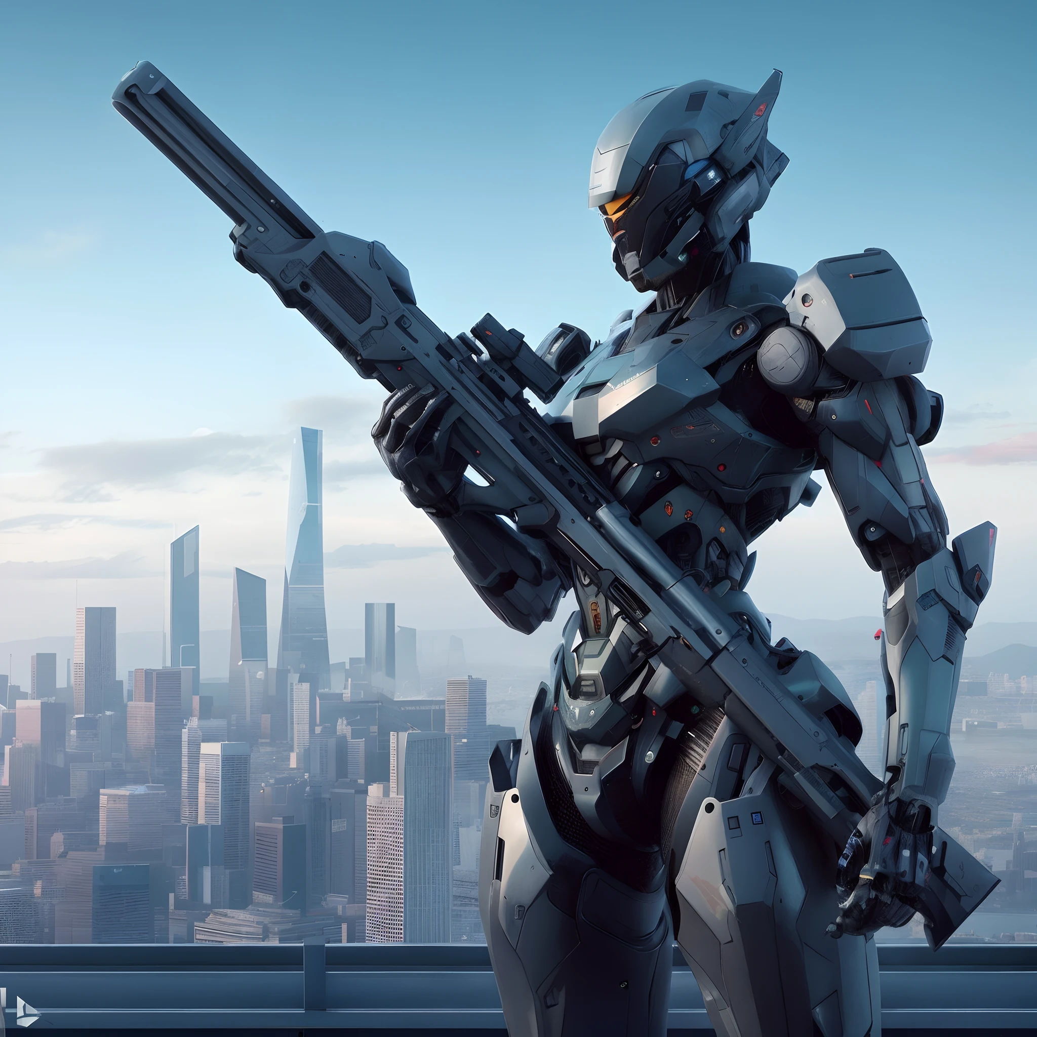 Arafed robot with a gun standing on a ledge overlooking a city, Master Chief em Cyberpunk City, hq 4k papel de parede, cinematic 4k wallpaper, cinematic wallpaper 4k, halo. octan render, Octane Render Sci - FI, aesthetic octane render, cinematic 4k octane render, terno mecha, 4 k cinematic octane render, in front of a sci fi cityscape