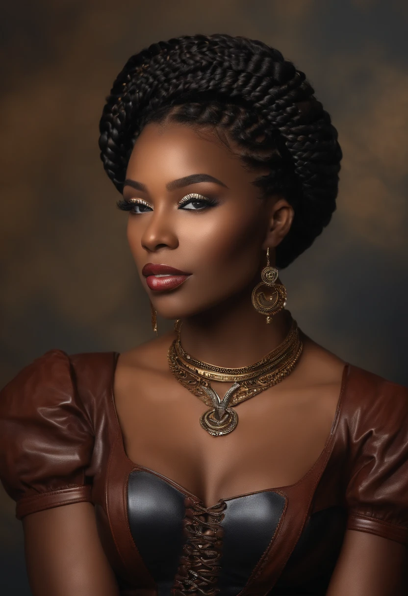 (masterpiece, best quality), deep ebony 1girl, Beautiful face, leather, braided hair, collar, boots,