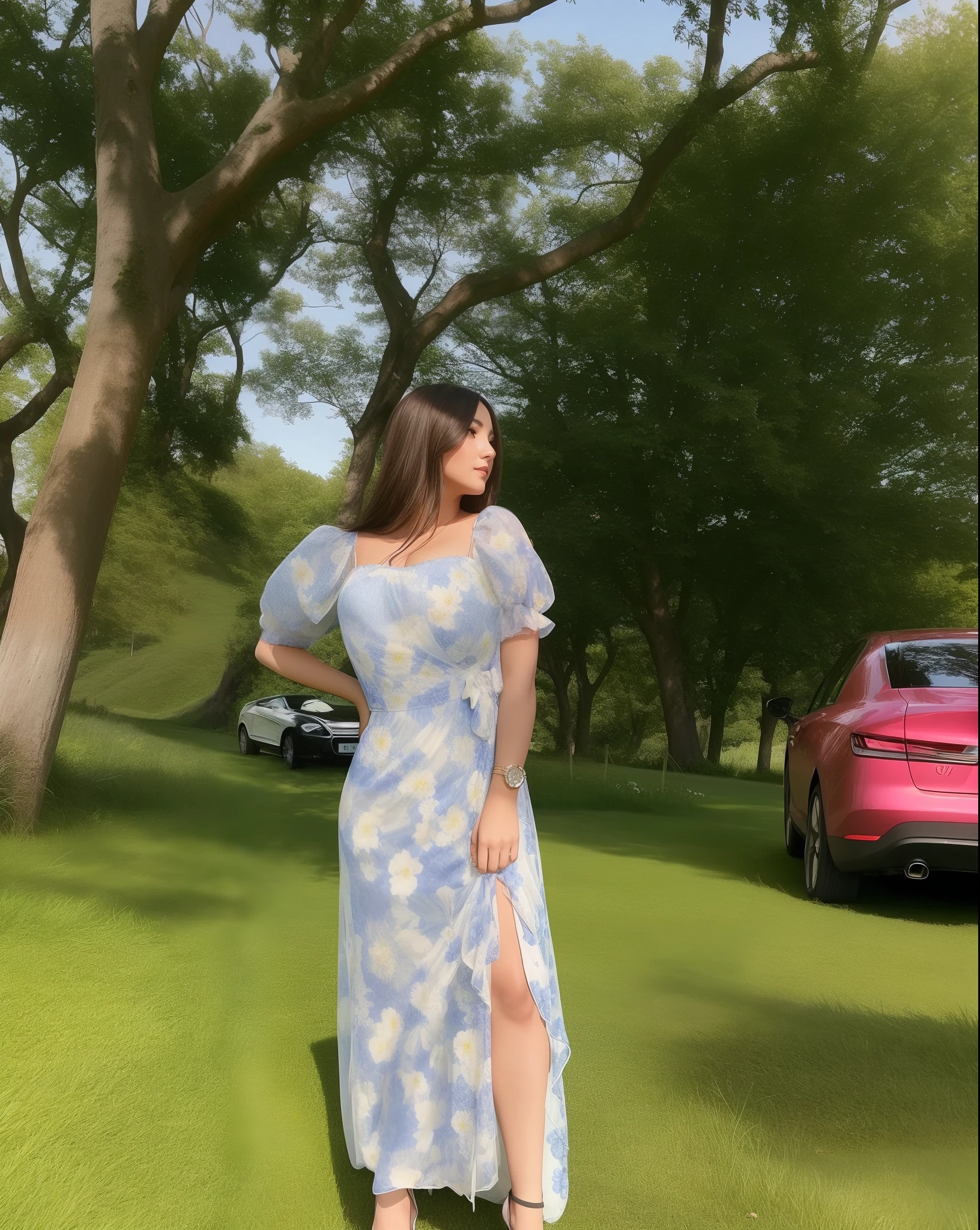 a woman standing in a field of grass with a car in the background, wearing a long flowery dress,big breast, wearing in a summer dress, 🤬 🤮 💕 🎀, full pose, with a cool pose, wearing a flowing dress, sexy lady, doing an elegant pose, photoshoot, stylish pose, dressed in a flower dress, beautiful surroundings