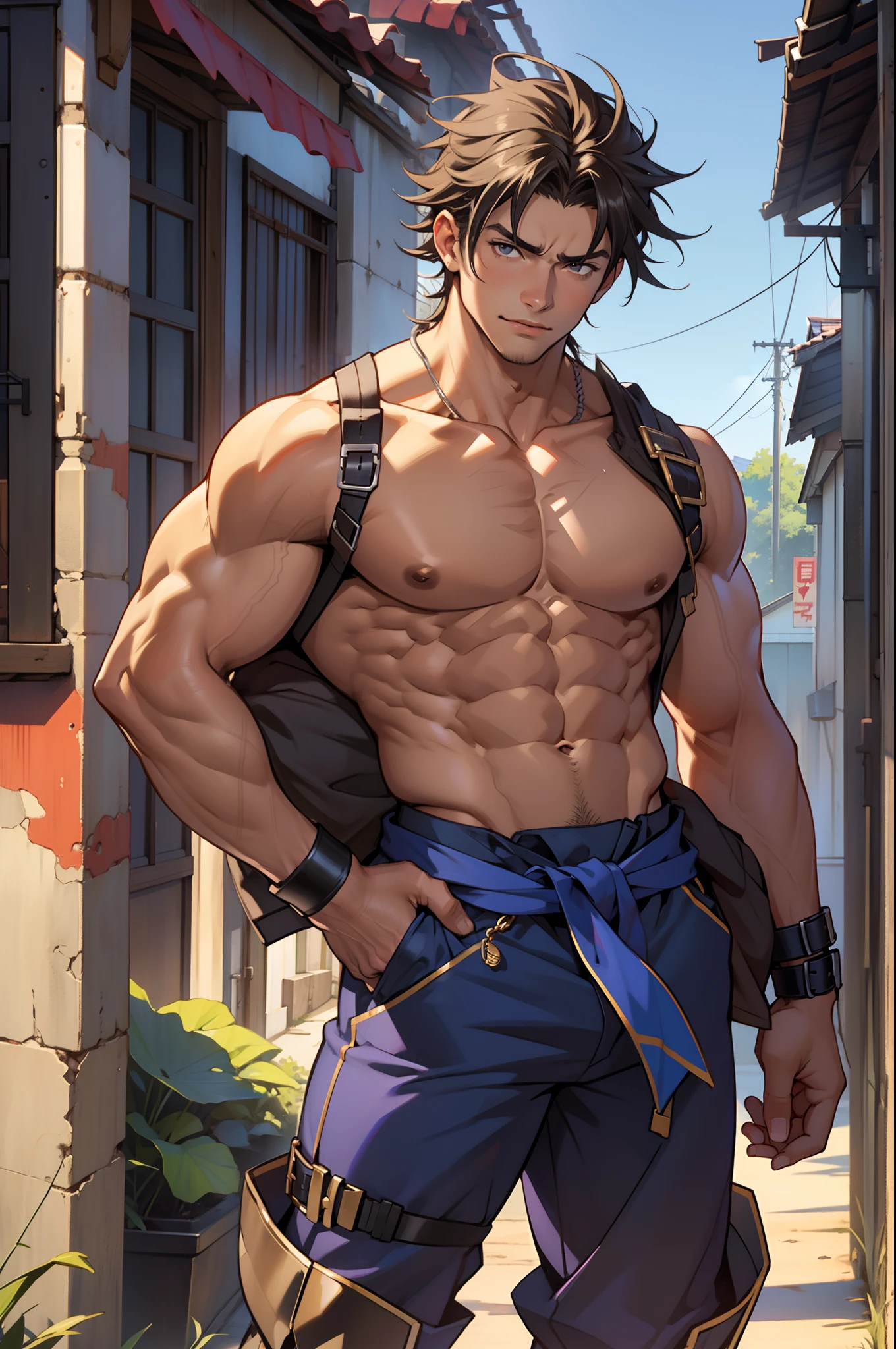 (masterpiece, highest quality, 16ｋAnime image quality, High resolution, Anime Style, Clean brush strokes, Very detailed, Perfect Anatomy), 1 person, alone,((kenshirou)), Detailed face, Fine grain, Black Hair, Brown eyes, bangs, Visible thick eyebrows、Angry face, Open your mouth、take a breath、Cowboy Shot, Large pectoral muscles:1.6, (Jeans jacket＿Break:0.3、Navy blue、old、With metal shoulder guard), (The Big Dipper&#39;s Scar、Vertical、On the chest)、A magnificent cleavage of the pectoral muscles, Great abs: 1.6, Tight waist:1.6, Buttocks:1.5, (Jeans pants＿Break:0.3, Navy blue、old), Wearing old leather shoes、(Are standing、Finding Pose, Martial arts stance、Lift one leg),Looking at the audience,Background of a ruined city、Dilapidated road、Destroyed skyscrapers 、I can see the wilderness, alone, rainbow hair 