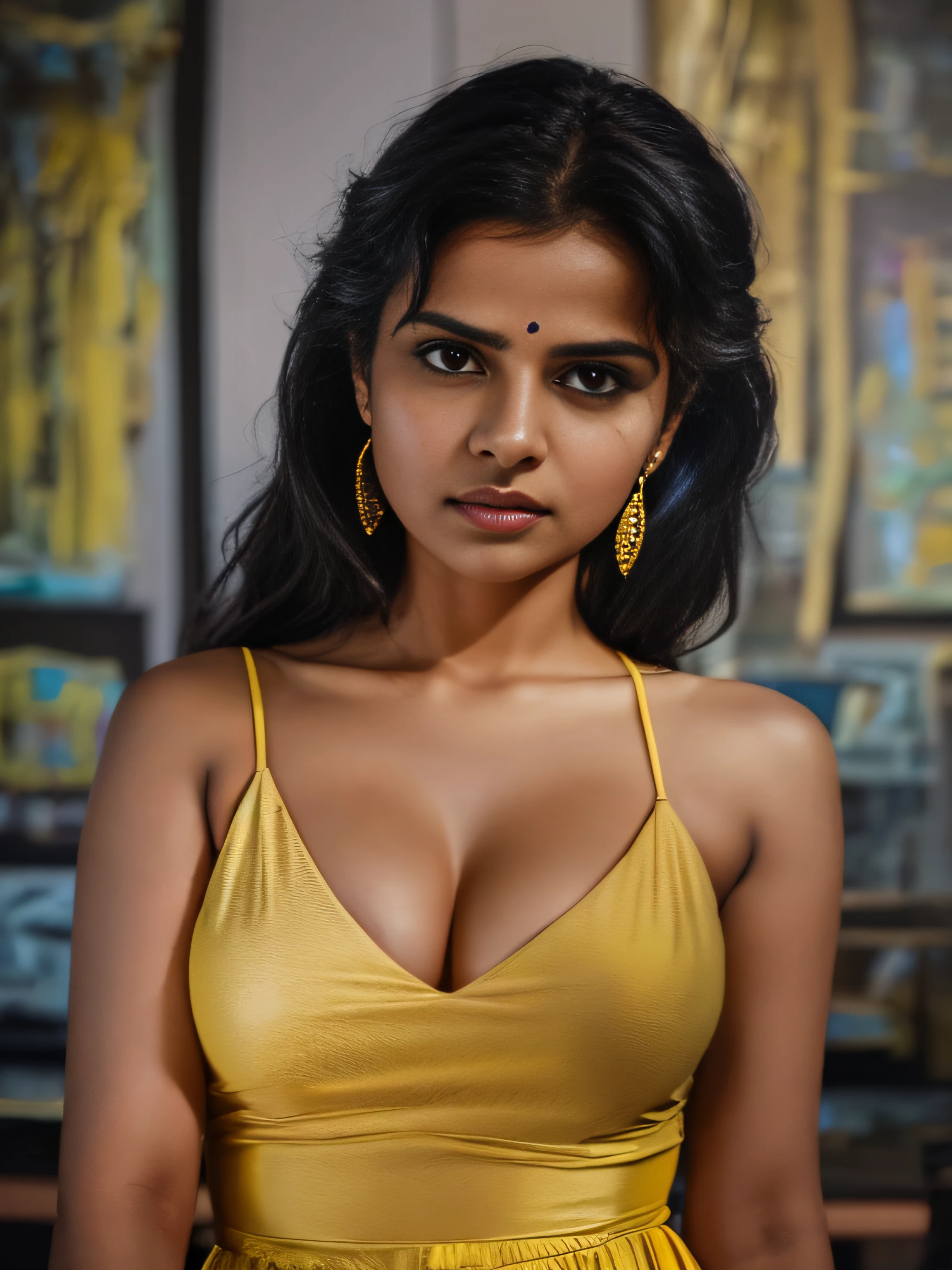 (editorial photograph of a young indian women in closup shoot of vedika), karla ortiz, (highly detailed face:1.4) (smile:0.7) ((backround dark room, moody, private study:1.3)) POV, by lee jeffries, nikon d850, film stock photograph ,4 kodak portra 400 ,camera f1.6 lens ,rich colors ,hyper realistic ,lifelike texture,  dramatic lighting , cinestill 800, realistic,  seductive big boobs actress, karla ortiz, posing!!, candid picture, by Max Dauthendey,***(((wearing yellow dress and black background))) ***