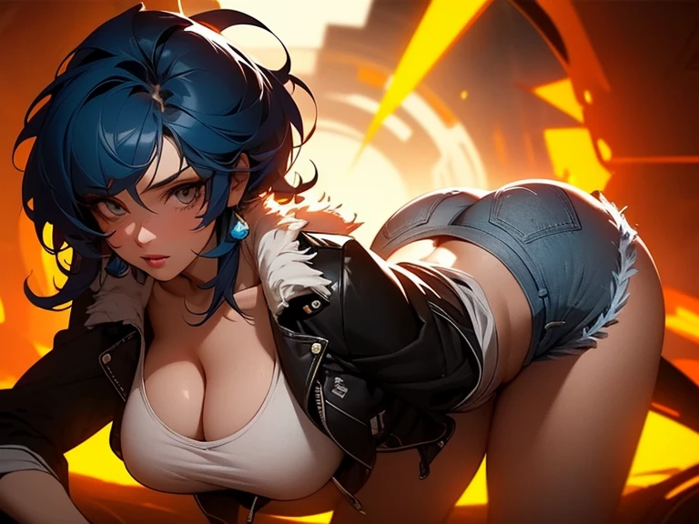 8k_wallpaper, extremely detailed eyes, extremely detailed body, (large masterpiece digital art), (detailed manga illustration), (detailed line art), ((perfect anatomy)), (intricate details:1.3), (ultra-detailed:1.3), (illustration:1.3), (sharp focus:1.3), (natural lighting:1.05), (vivid colors:1.3), (masterpiece), best quality, expressive eyes, perfect face, 1 girl, breasts, cleavage, gloves, huge breasts, casual clothes, white shirt, tee shirt, denim jacket, jacket, fur trim, detailed {{blue hair}}, medium hair, messy hair, (gray eyes), hourglass physique, black short, denim shorts, dynamic pose, huge ass, dynamic lighting,