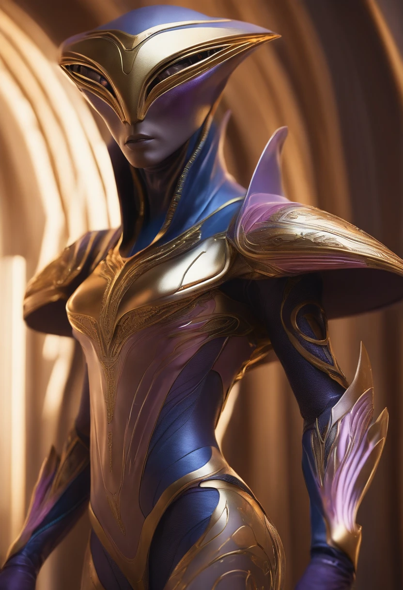 Eu sou alto, esguio, roupa branca com bordas cor de ouro, symbol of the Intergalactic Confederation, which is a golden circle with a 6-pointed star, Navi blue skin and golden crown with golden circle in the middle and 6-pointed star in the middle. A blue alien with an elongated head of light, olho, nariz grande, pequeno, Slender body enters a starship wearing a realistic futuristic alien suit, a hyper-detailed alien, pink and purple and alien, alien looking, space alien Ete-Grey , Portrait of a large alien pupil Almond Exotic alien Pink Portrait of a humanoid alien, An alien, alien portrait, Hybrid alien Long-headed affectionate alien, futuristic alien features. ( Detalhes borrados do navio futurista)