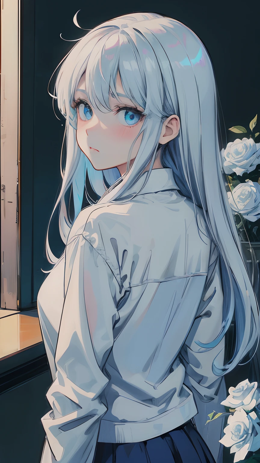 1 adult girl, white hair, long hair, messy hair, light blue eyes, almond eyes, looking back, cool girl, beautiful and aesthetic, illustration, high quality, masterpiece, professional art, 90s anime, blue roses, hall, blush, looking camera, glowing eyes