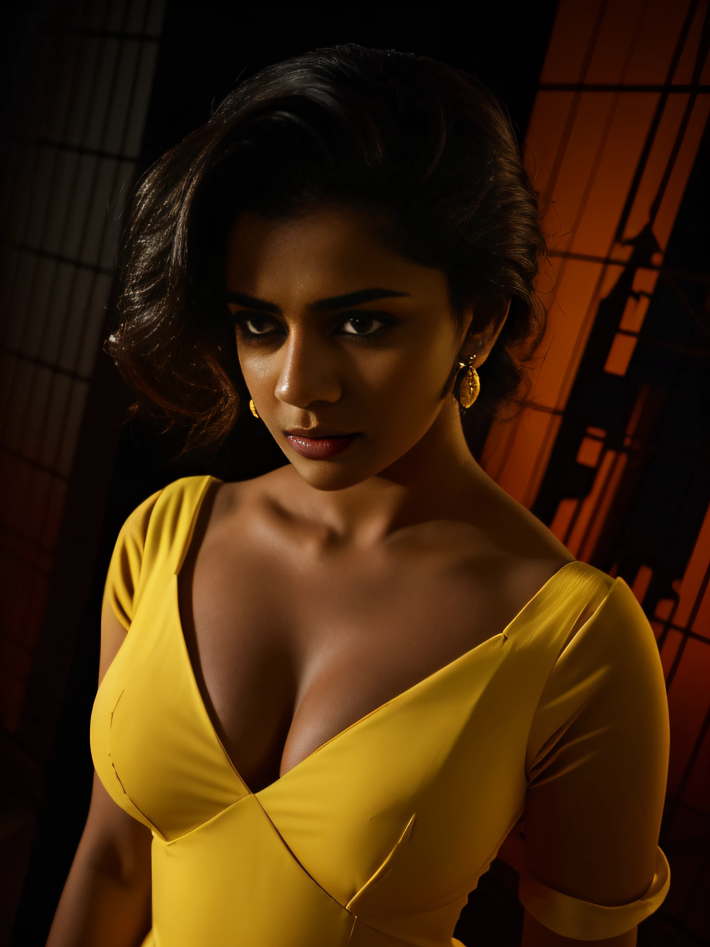 (editorial photograph of a young indian women in closup shoot of vedika), karla ortiz, (highly detailed face:1.4) (smile:0.7) ((backround dark room, moody, private study:1.3)) POV, by lee jeffries, nikon d850, film stock photograph ,4 kodak portra 400 ,camera f1.6 lens ,rich colors ,hyper realistic ,lifelike texture, earing white dress with red border, dramatic lighting , cinestill 800, realistic, seductive big boobs actress, karla ortiz, posing!!, candid picture, by Max Dauthendey,***(((wearing yellow dress and black background))) ***