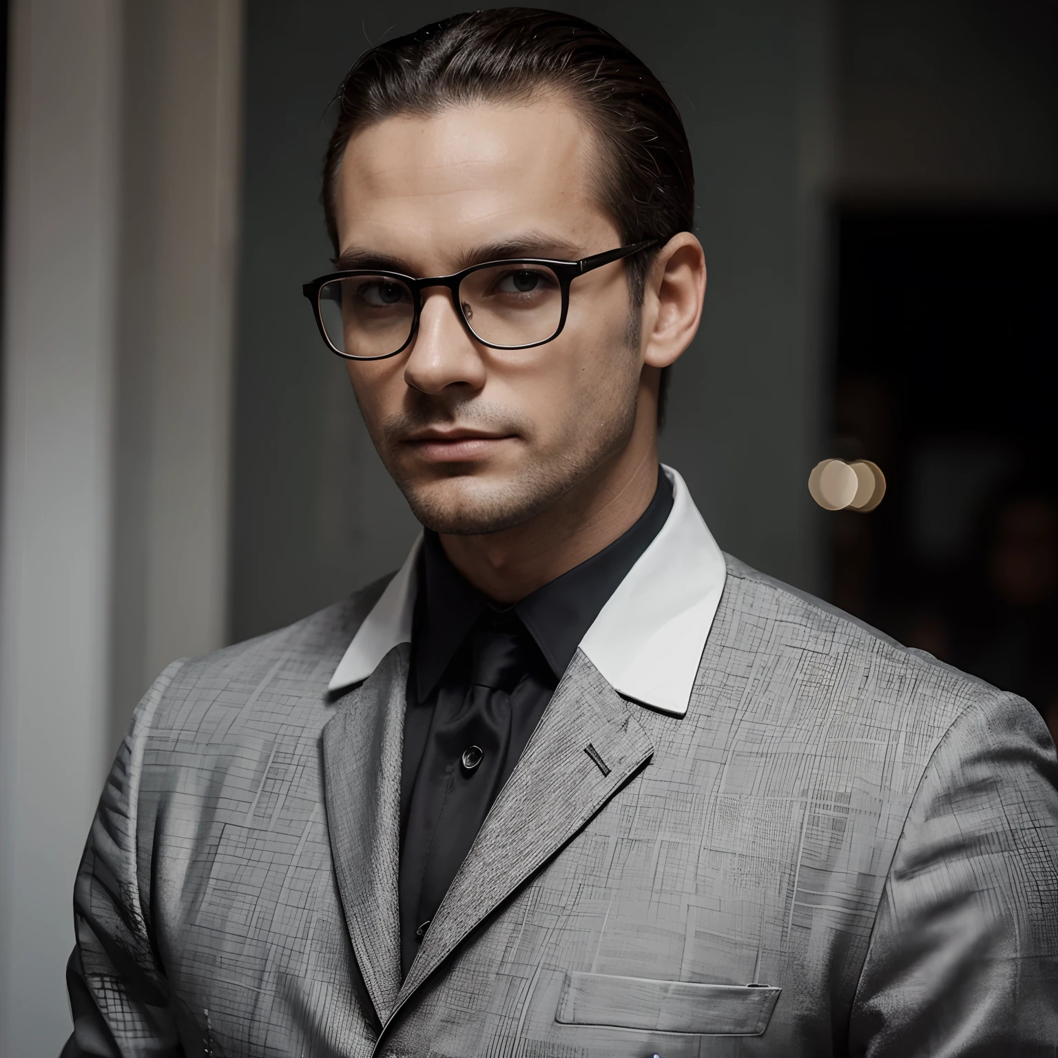 Decim (Desfile da Morte), 1 Homem, 35 anos,(cerdas pretas), Man wearing glasses, rosto de close-up, foto do perfil,vestidos em um estilo formal e contido, uma jaqueta preta,camisa branca, um olhar profissional,cabelos branco-cinzas, cor prata, olhar cansado,