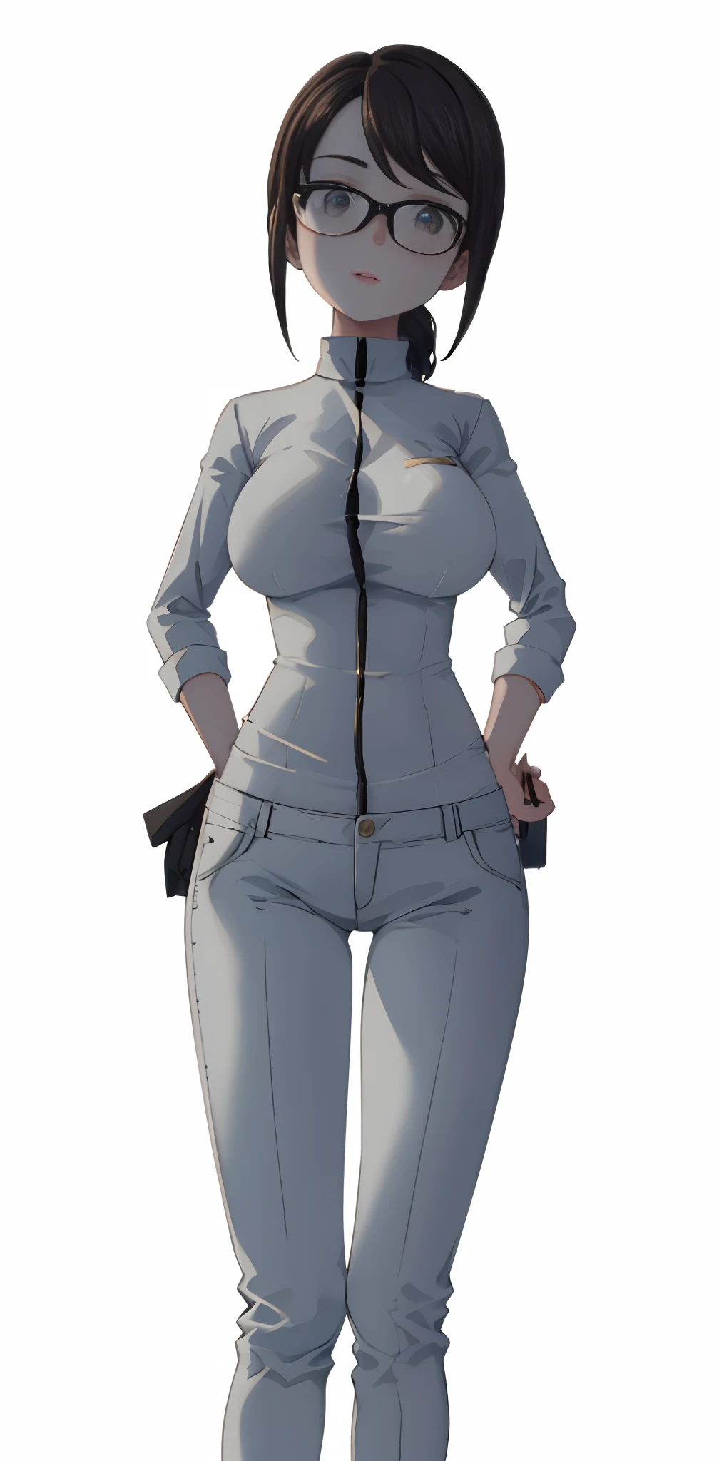 1chica, de camisa blanca, black pant, con lentes, pose manos en la cintura