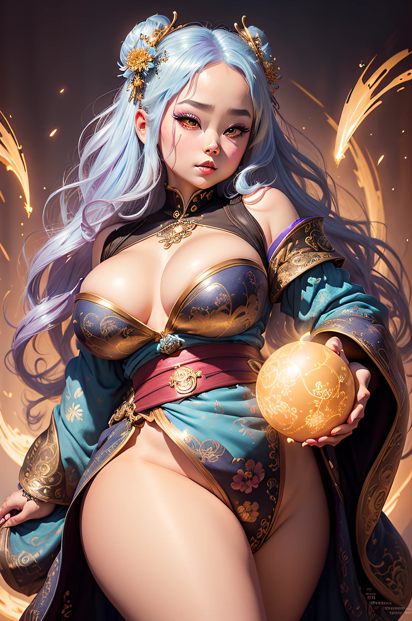 Cute colorful magical geisha ,sparkles, Holographic filigree, goth girl, flowing hair. reflective eyes, intricate extremely hyperdetailed, filigree, thick body, plus size, belly, belly pudge, body turning and twisting, big round detailed eyes, cute, adorable, cute, flowers, very fluffy, detailed eyes, magic, surrealism, fantasy, digital art, by Ross Tran, lop-eared, Artgerm and James Jean, Brian Froud, , Naimi Kanani intricate art masterpiece, golden ratio, intricate art station trend,highly detailed,ultra-high quality,