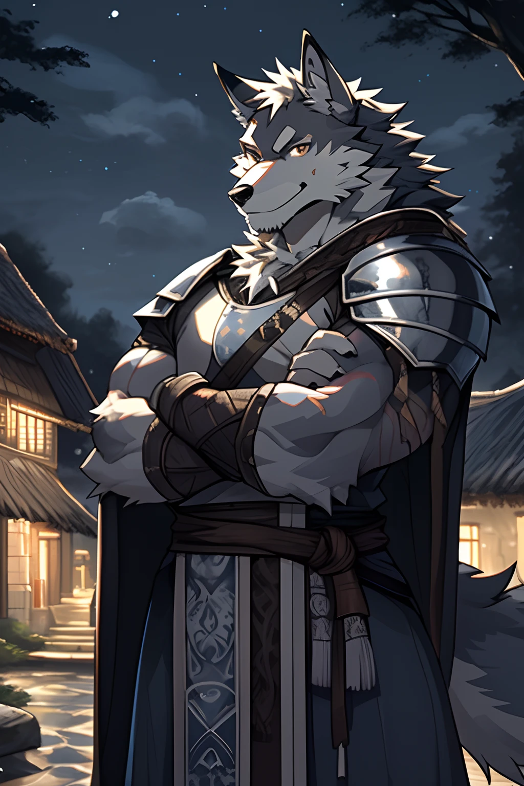 knight sword, (best quality), (masterpiece), (ultra detailed), sharp focus, niji, eyesgod, black eye, looking_at_viewer, standing with crossed arms, smile, furry, animal_wolf_ear, light-white fur, brown fur, black beard, upper body, anthro (wolf), male, (wolf), middle-aged, scar on face and hand, gray body, white belly, muscular, knight costume, village, ultra detailed face, low light, night, night vibes, tree