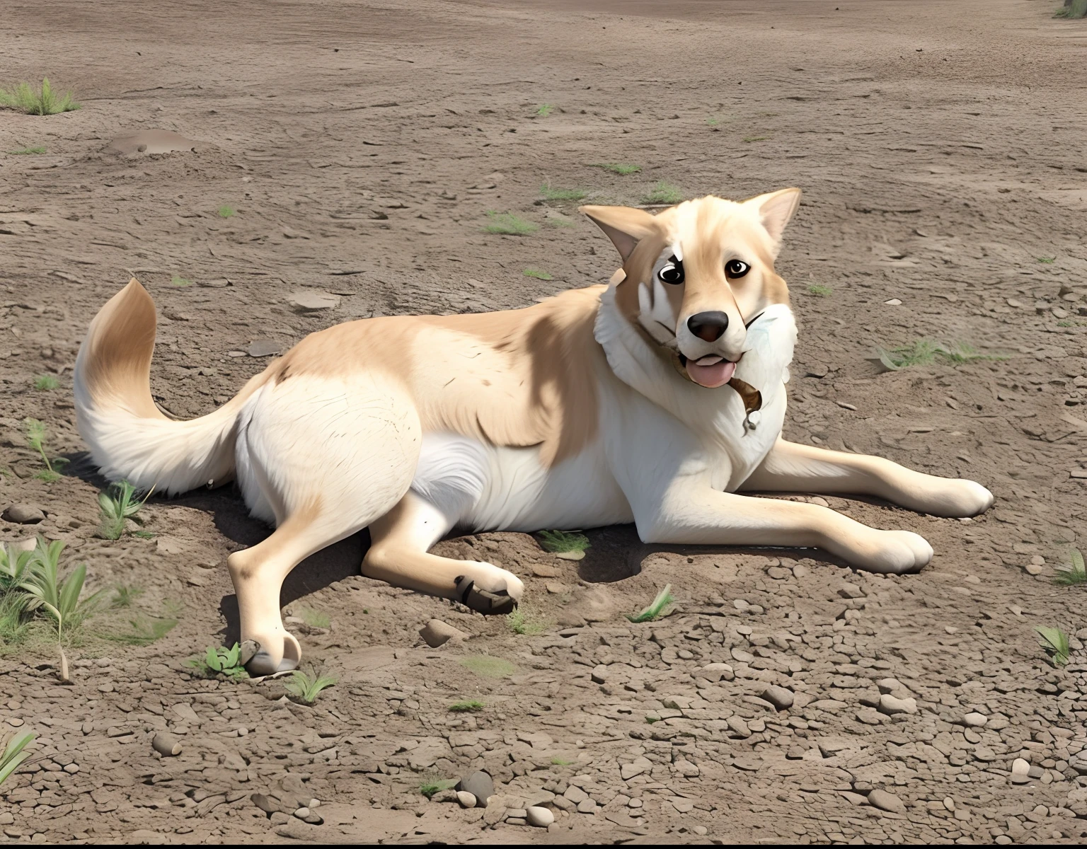 Create a Disney Pixar-style image of a large, tan dog lying on a rocky surface, possibly a dirt road or gravel area. The dog appears to be relaxed and enjoying the sun. The dog is positioned in the center of the scene, occupying a significant portion of the image. The rocky surface provides a contrasting backdrop to the dog's fur, making it stand out in the scene.