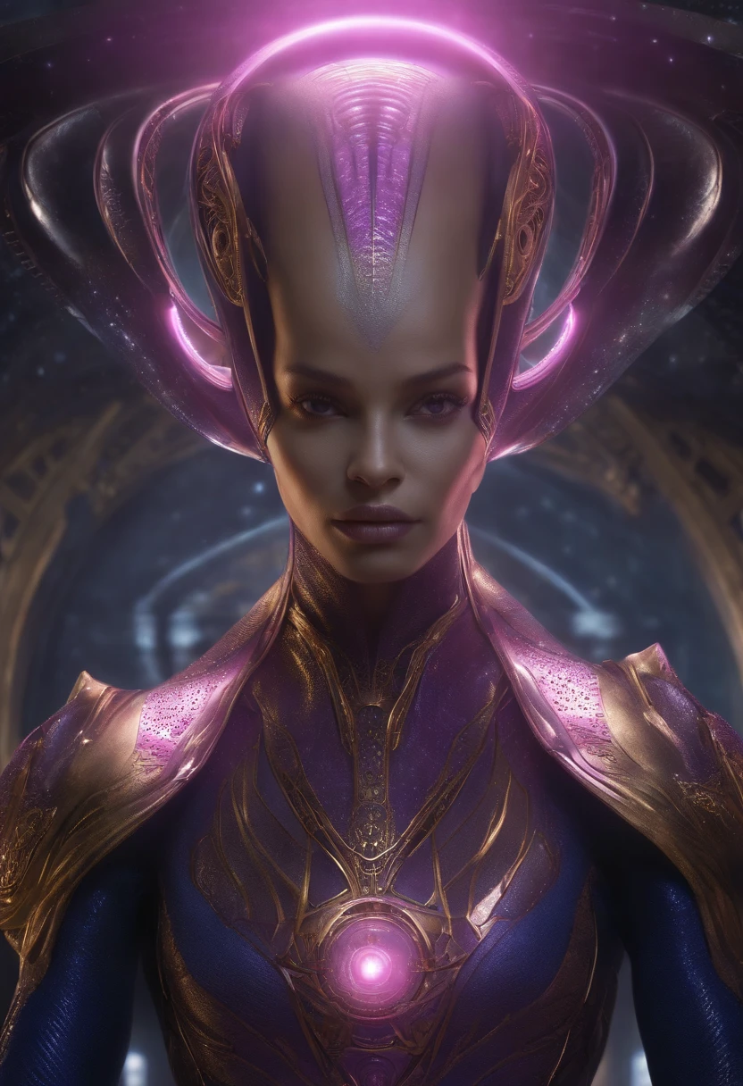 A tall alien, esguio, roupa branca com bordas cor de ouro, symbol of the Intergalactic Confederation, which is a golden circle with a 6-pointed star, Navi blue skin and golden crown with golden circle in the middle and 6-pointed star in the middle. blue with an elongated light head, olho, nariz pequeno, Slender body enters a starship wearing a realistic futuristic alien suit, a hyper-detailed alien, pink and purple and alien, alien looking, space alien Ete-Grey , Portrait of a large alien pupil Almond Exotic alien Pink Portrait of a humanoid alien, An alien, alien portrait, Hybrid alien Long-headed affectionate alien, futuristic alien features. ( Detalhes borrados do navio futurista)