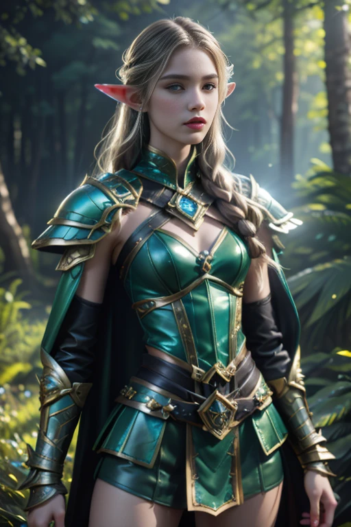 Photorealistic image ((Masterpiece)), ((high quality)) UHD 8K, of a beautiful girl, Viking elf warrior, slim, tall, (Long elf ears), (medium chest), (skinny waist), (Hair long blonde ), (deep blue eyes), ((green Leather armor with short green skirt and intricate details, Various belts at waist)), (Arrow holster at waist), ((fur cape)), (on the forest), Natural lighting , professional DSLR camera