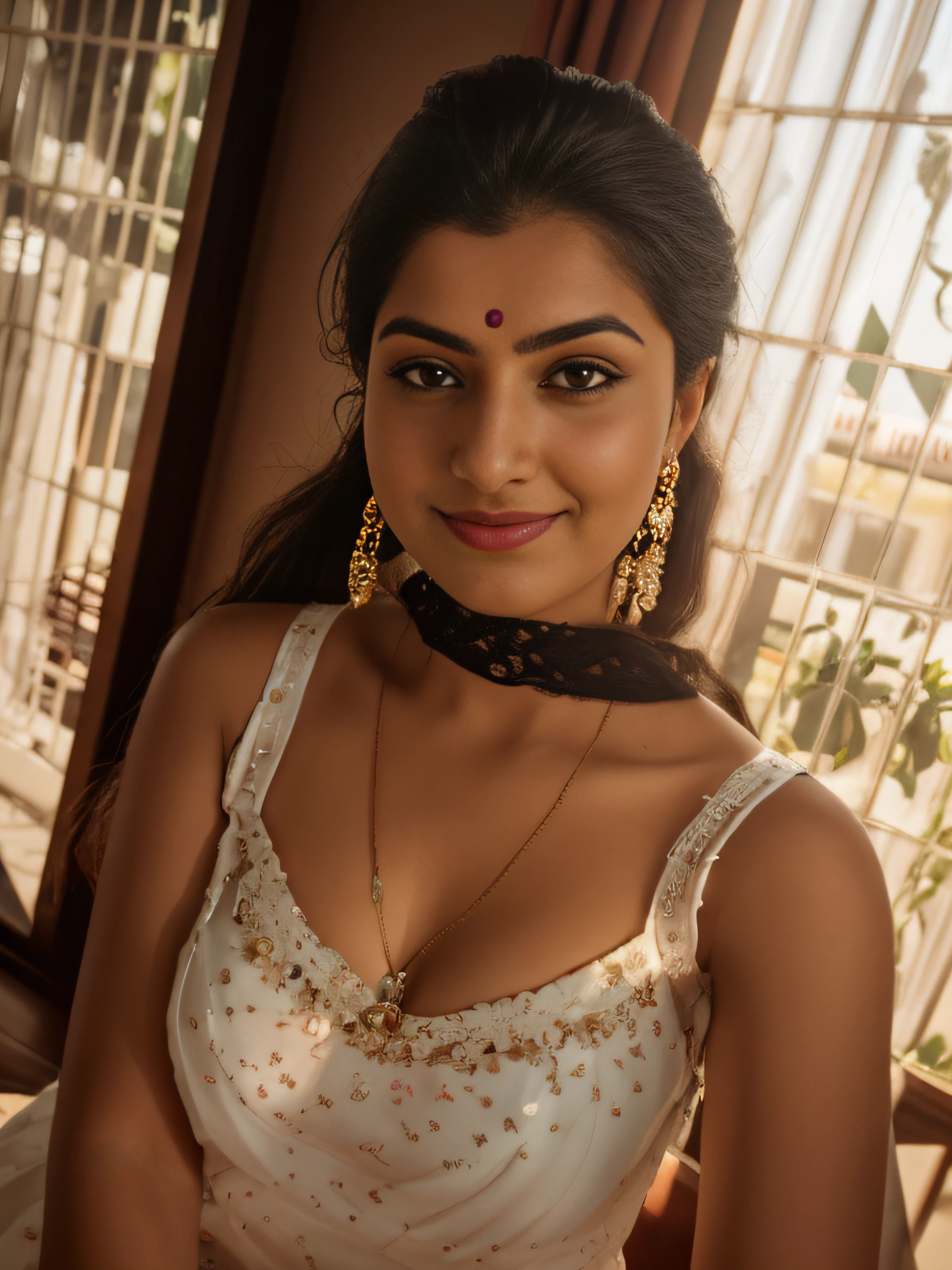 (editorial photograph of a young indian women in closup shoot of vedika), karla ortiz, (highly detailed face:1.4) (smile:0.7) (backround 5 star hotel , moody, private study:1.3) POV, by lee jeffries, nikon d850, film stock photograph ,4 kodak portra 400 ,camera f1.6 lens ,rich colors ,hyper realistic ,lifelike texture, earing white dress with red border, dramatic lighting , cinestill 800, realistic,  seductive big boobs actress, karla ortiz, posing!!, candid picture, by Max Dauthendey,